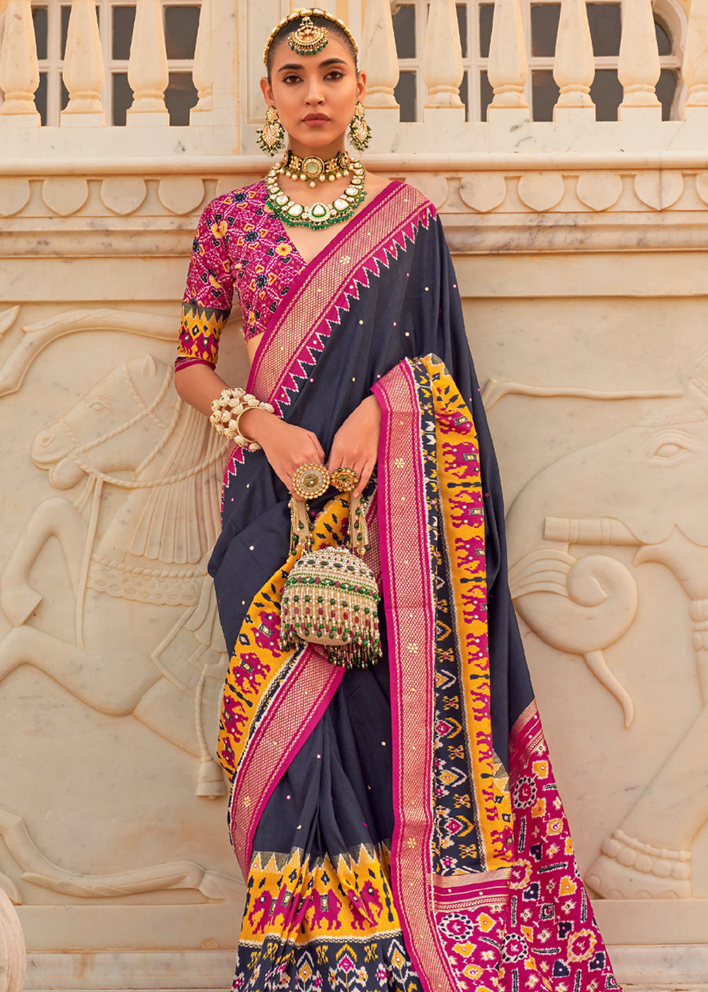 Buy MySilkLove Charade Blue and Pink Woven Patola Silk Saree Online