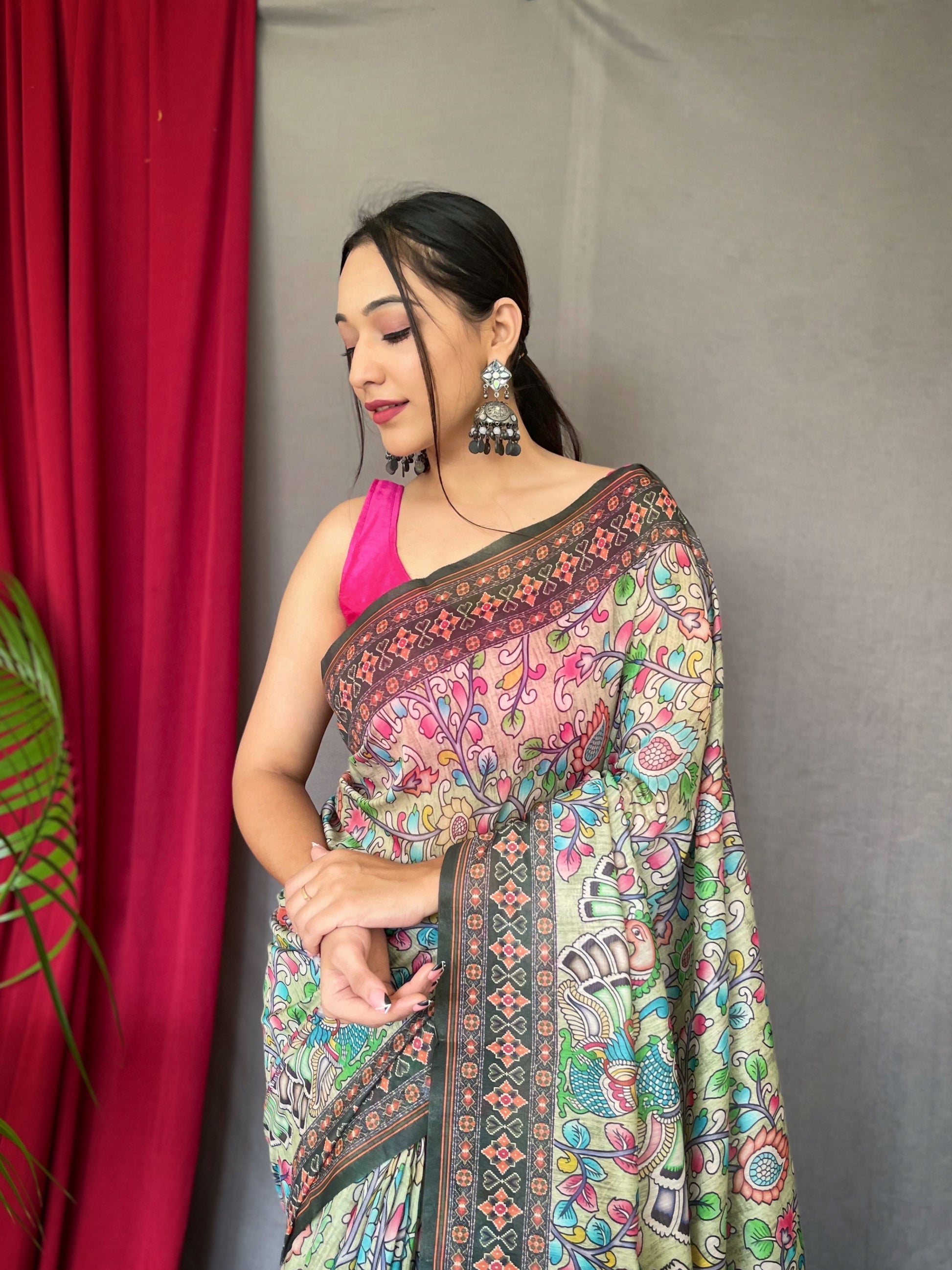 Buy MySilkLove Amulet Light Green Bandhani Kalamkari Printed Saree Online