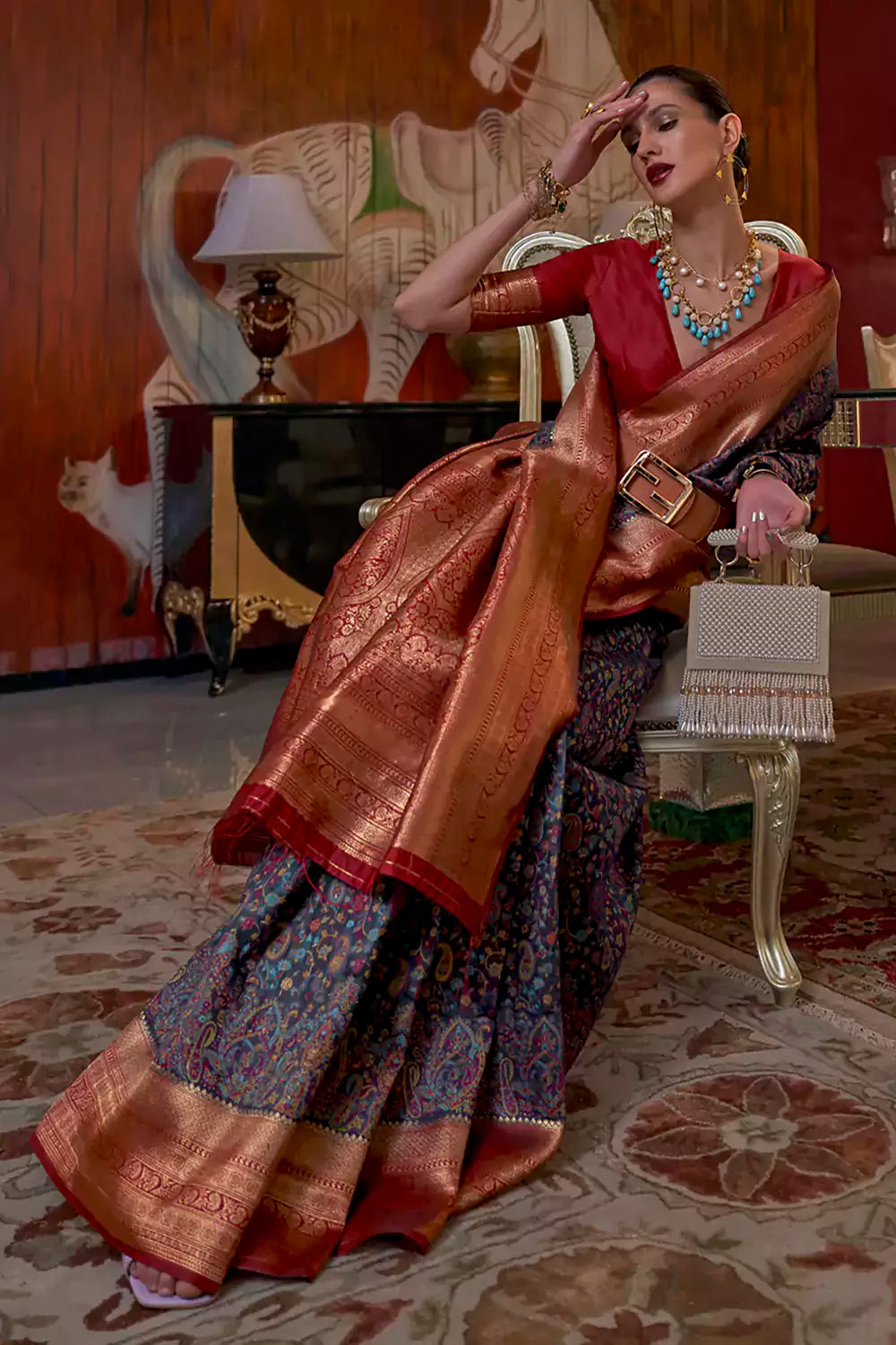 Buy MySilkLove Oxford Blue Kashmiri Jamewar Silk Saree Online