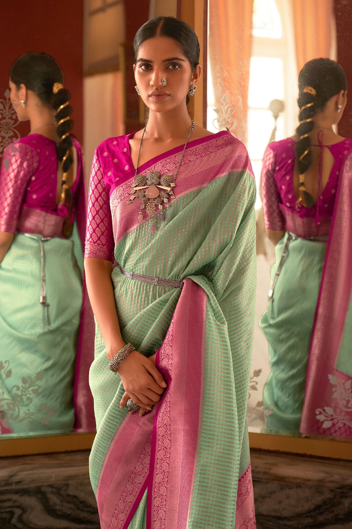 Buy MySilkLove Locust Green and Pink Woven Banarasi Woven Silk Saree Online