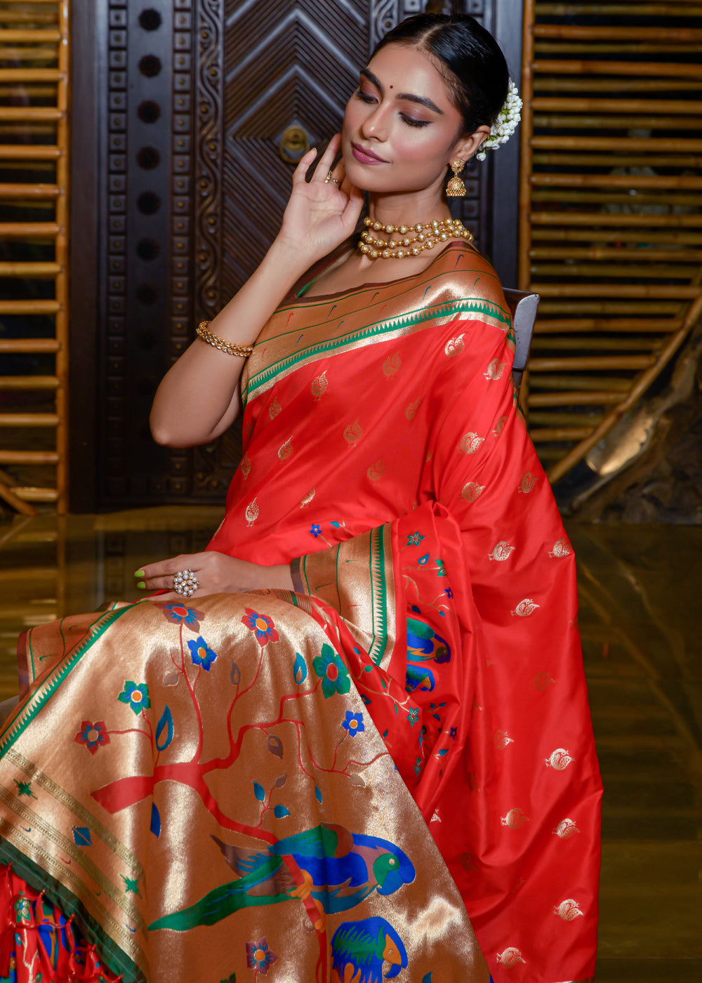 Buy MySilkLove Salmon Pearl Red Woven Paithani Silk Saree Online