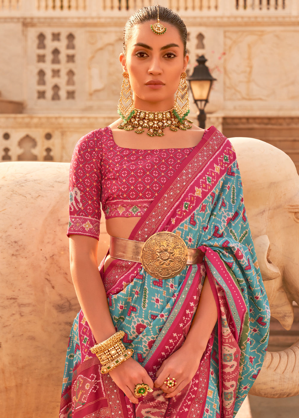 Buy MySilkLove Breaker Bay Blue and Pink Woven Patola Silk Saree Online