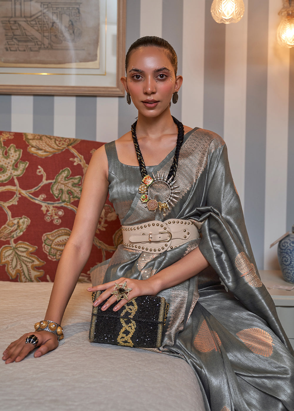 Buy MySilkLove Fuscous Gray Woven Banarasi Tussar Silk Saree Online