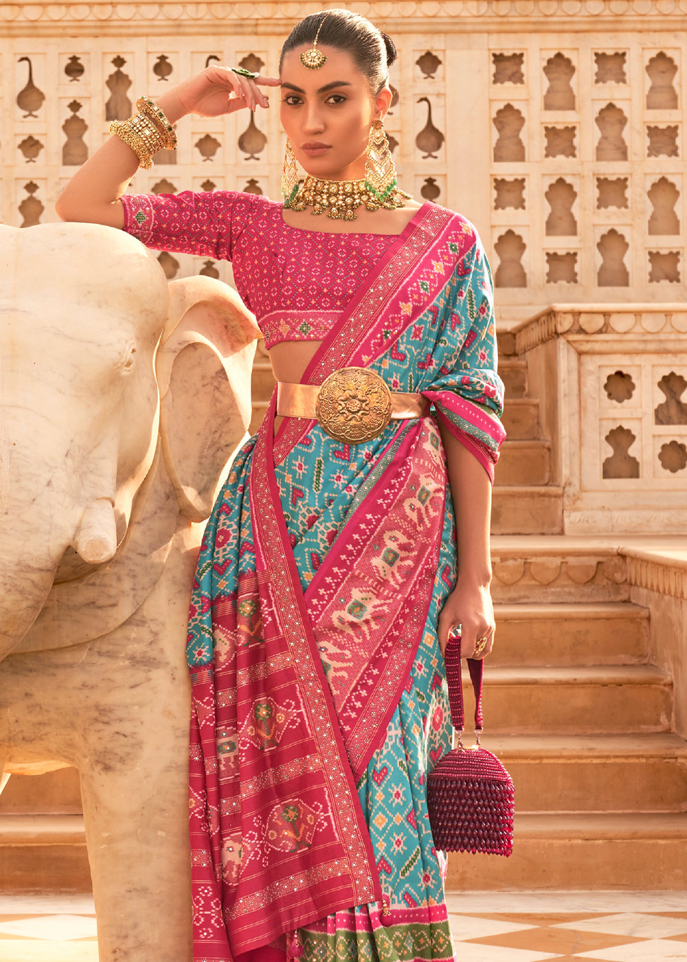 Buy MySilkLove Breaker Bay Blue and Pink Woven Patola Silk Saree Online