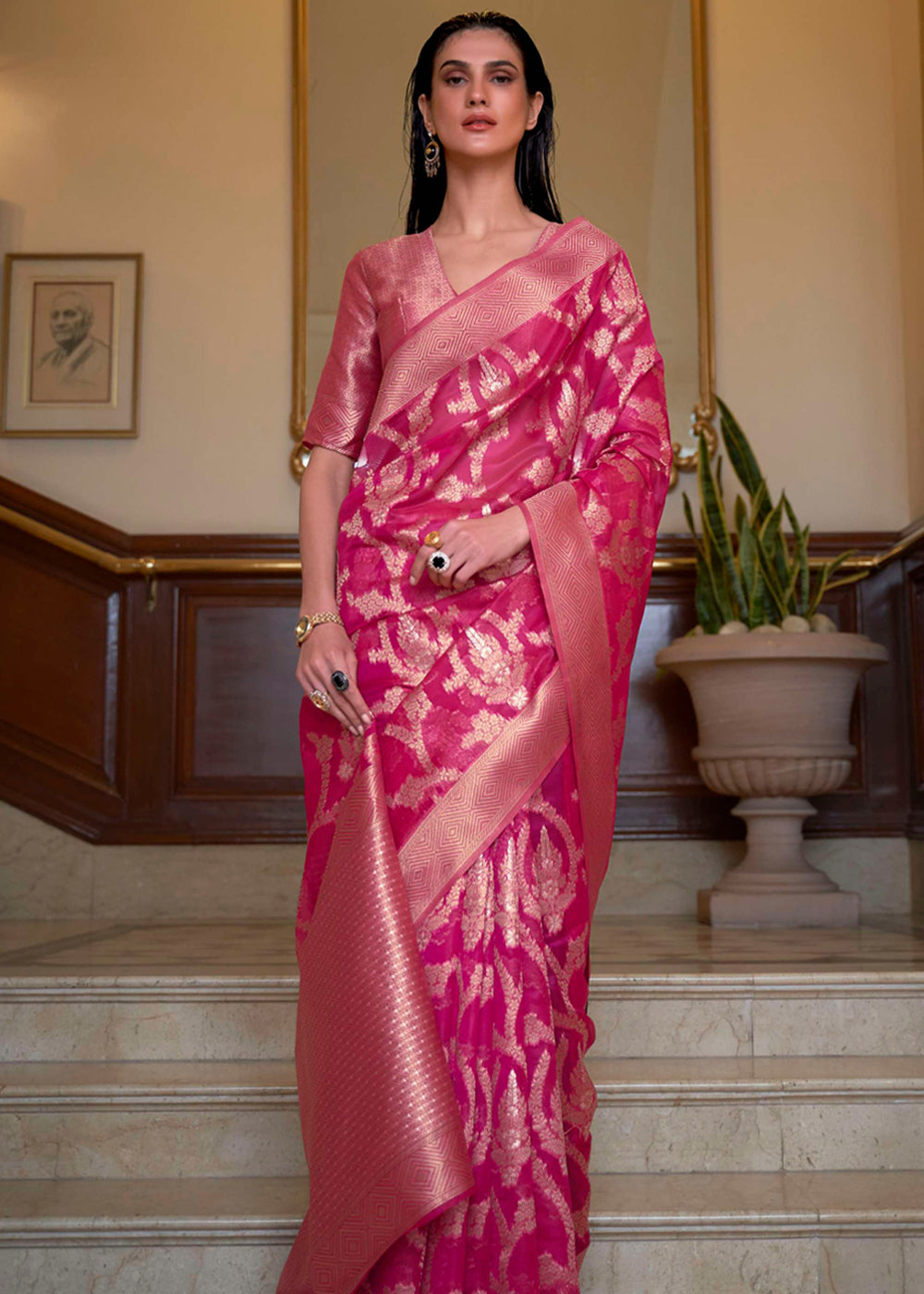 Buy MySilkLove Cadillac Pink Woven Organza Banarasi Silk Saree Online