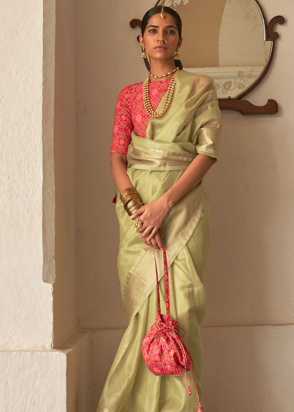 Buy MySilkLove Straw Green and Pink Organza Silk Saree Online