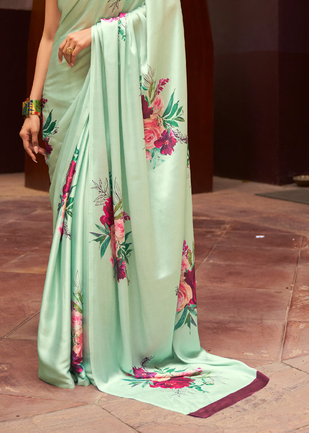 Buy MySilkLove Swamp Green Floral Printed Satin Silk Saree Online