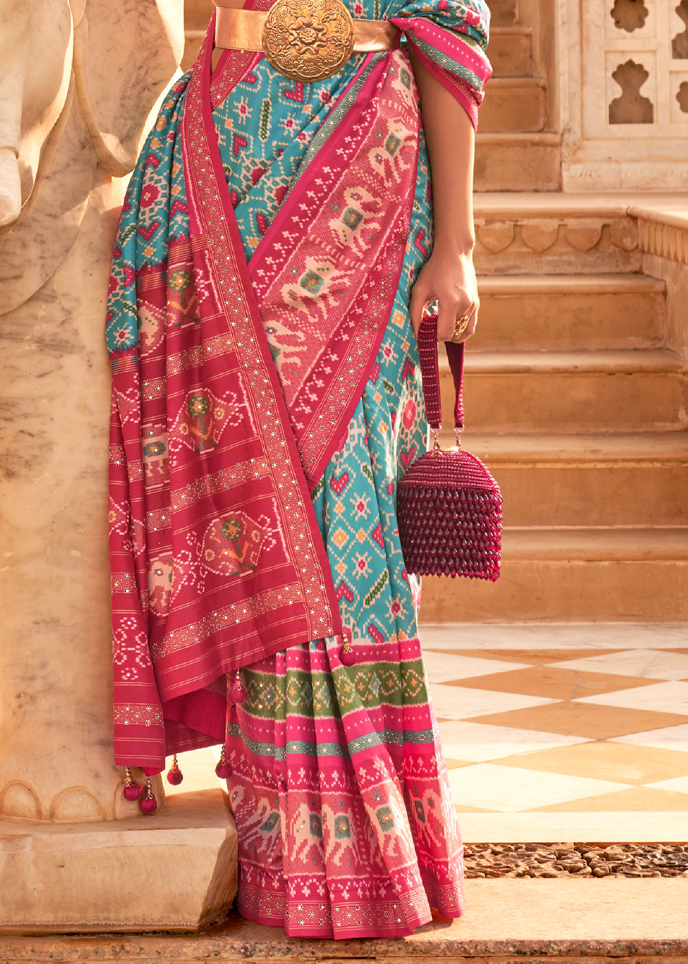 Buy MySilkLove Breaker Bay Blue and Pink Woven Patola Silk Saree Online