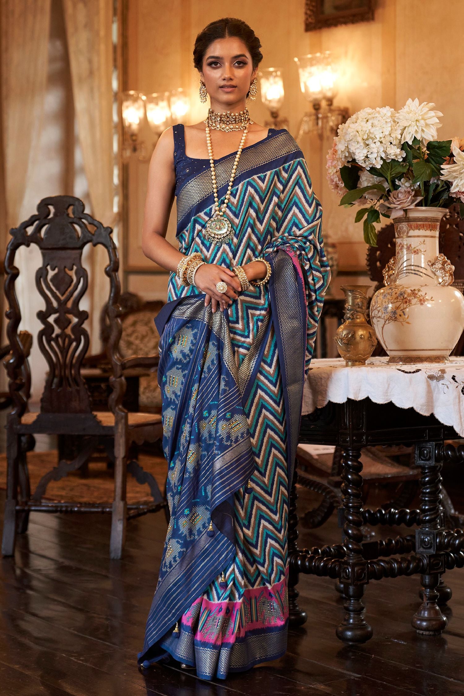 Buy MySilkLove East Bay Blue Printed Patola Silk Saree Online