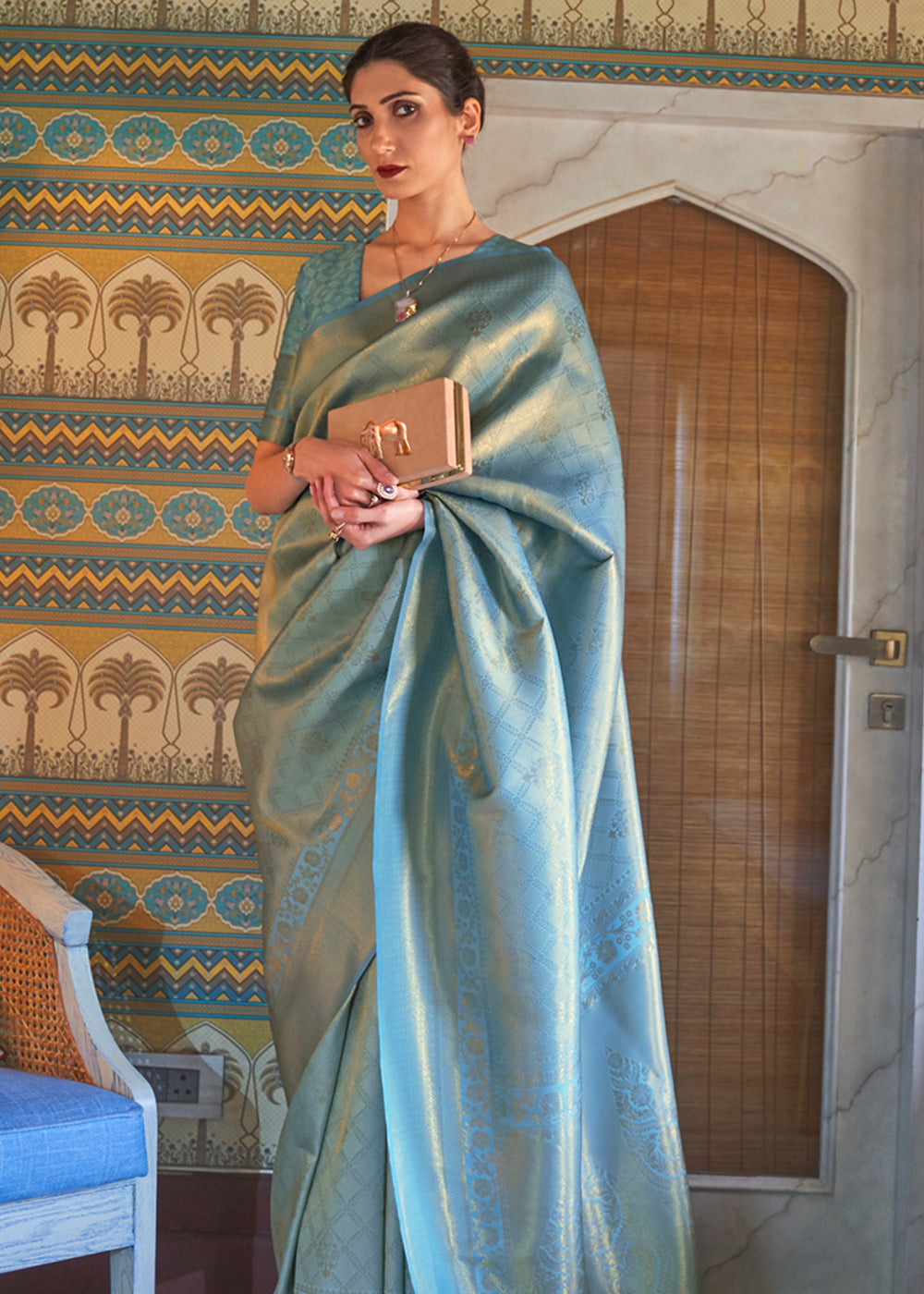 Buy MySilkLove Pewter Blue Woven Kanjivaram Silk Saree Online