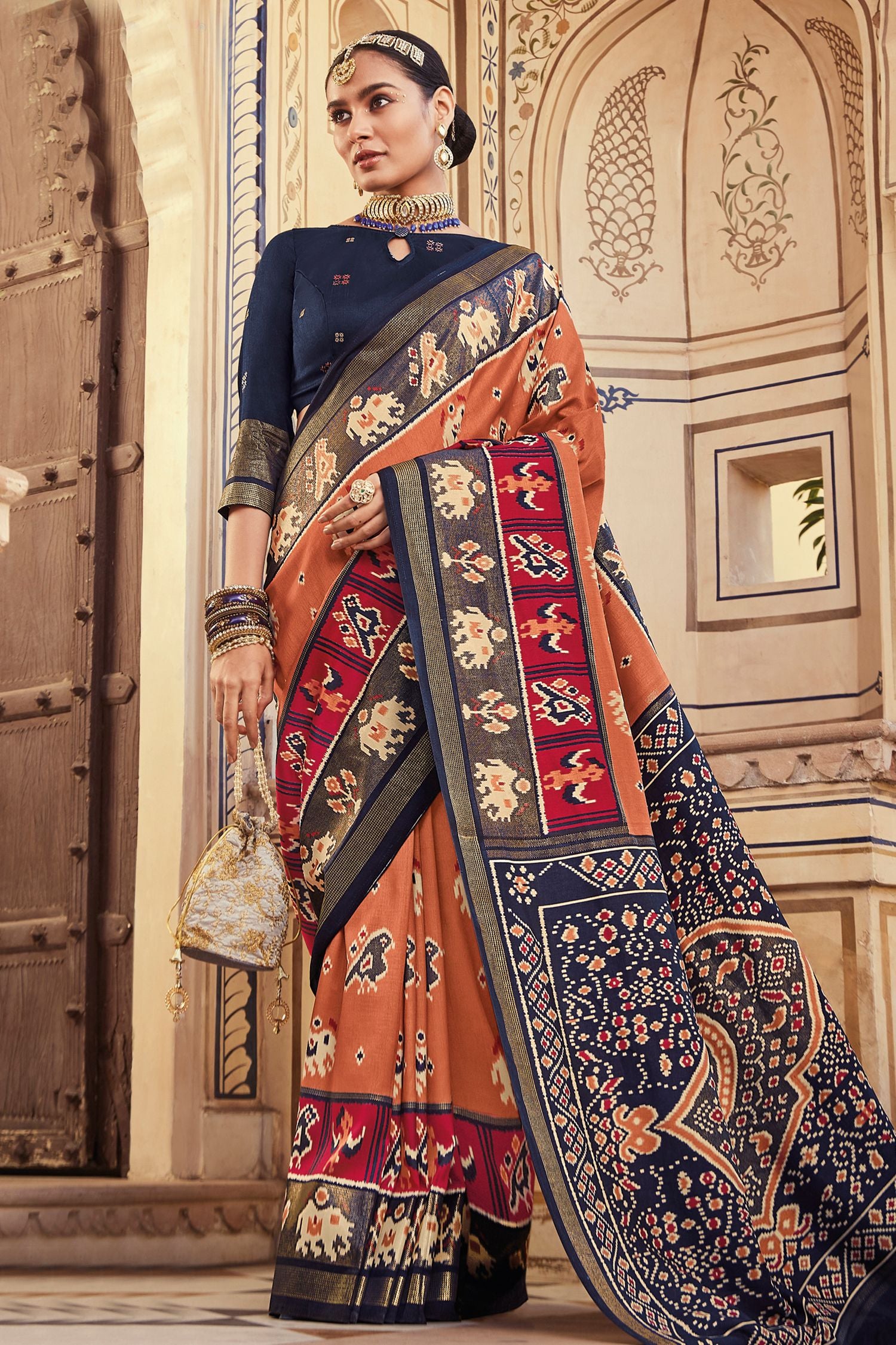 Buy MySilkLove Apricot Orange and Blue Patola Printed Art Silk Saree Online