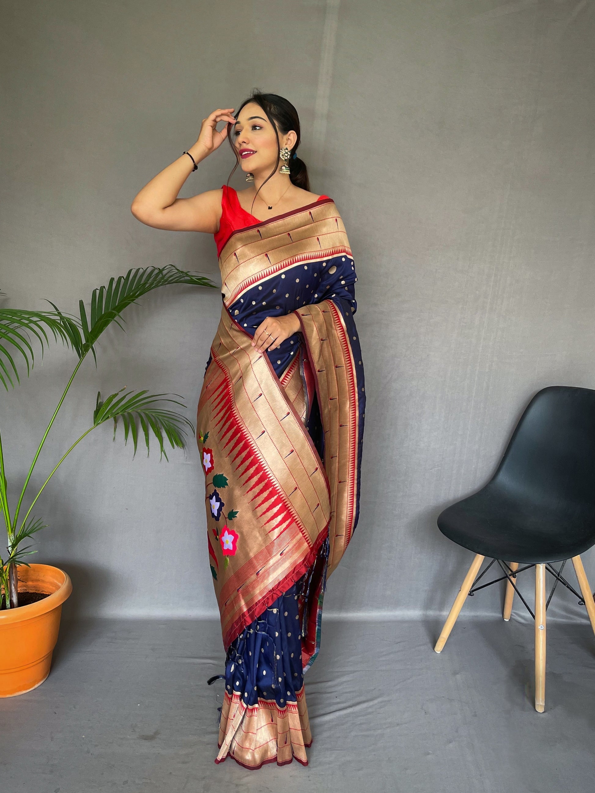 Buy MySilkLove Gun Powder Blue Polka Paithani Woven Silk Saree Online