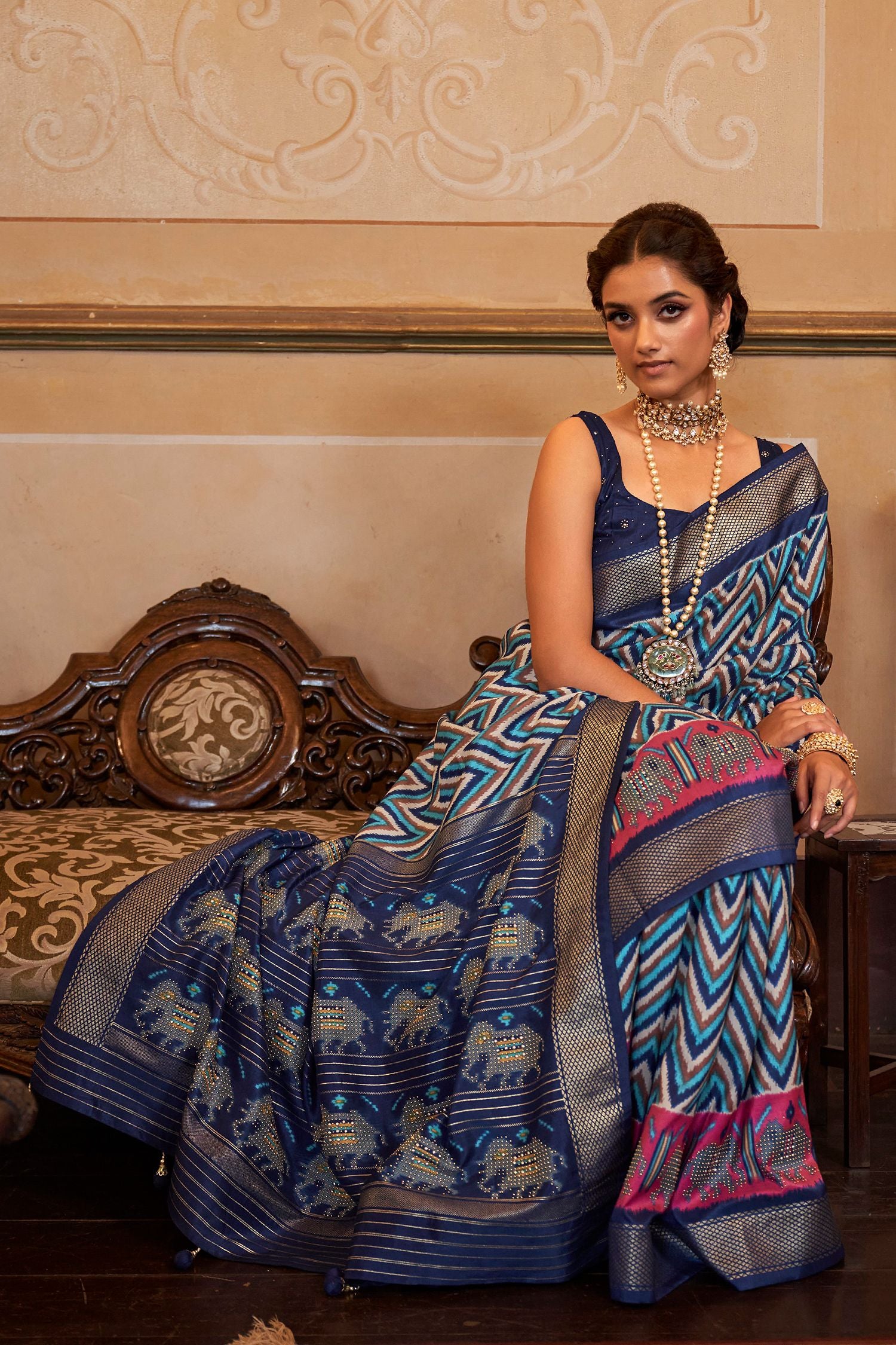 Buy MySilkLove East Bay Blue Printed Patola Silk Saree Online