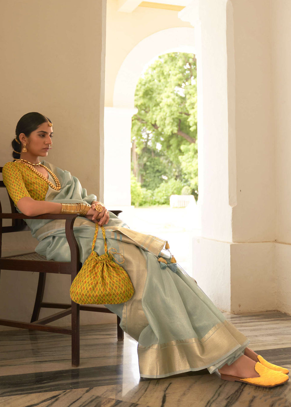 Buy MySilkLove Locust Blue and Yellow Organza Silk Saree Online