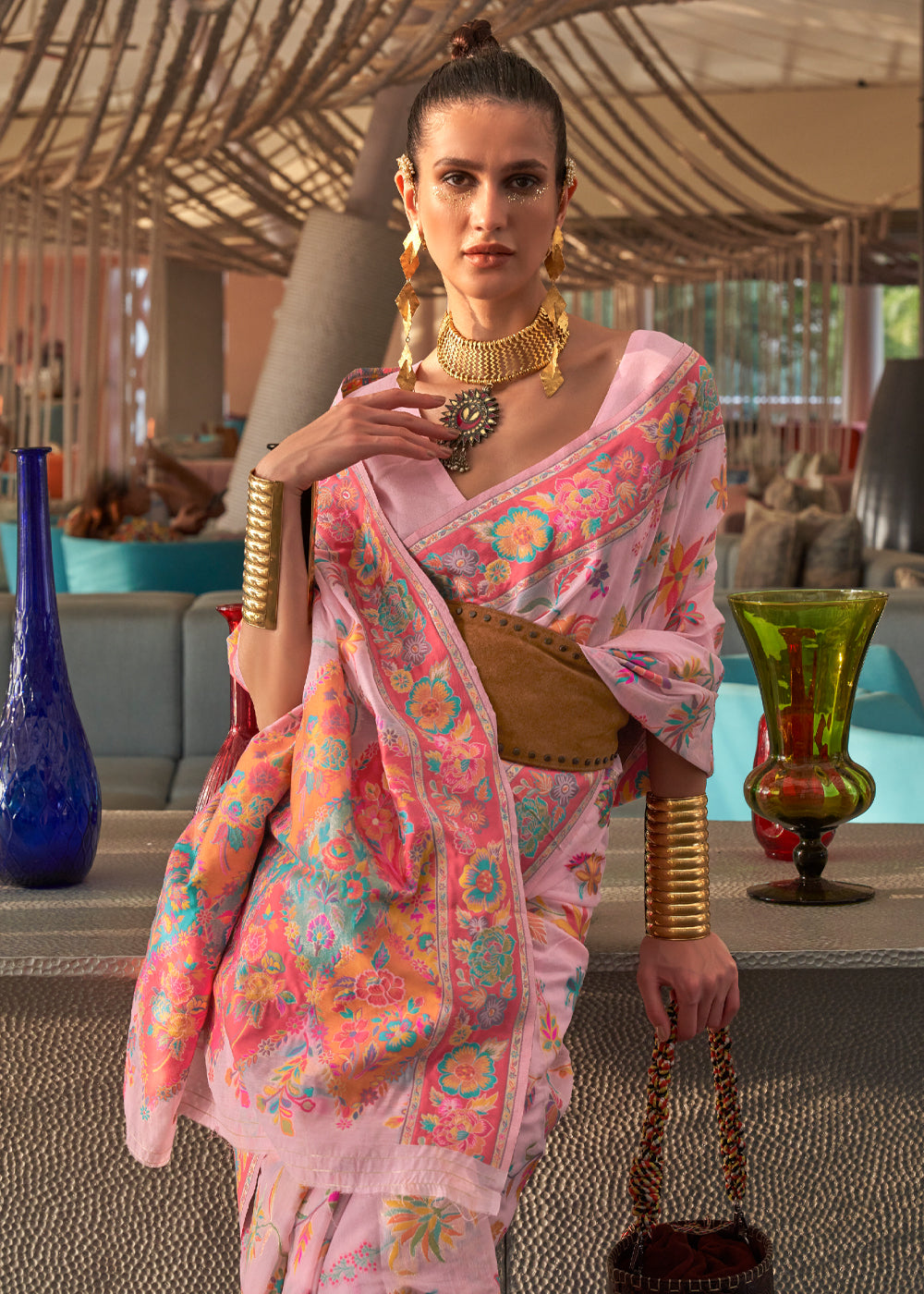 Buy MySilkLove Shilo Pink Jamewar Kashmiri Cotton Silk Saree Online