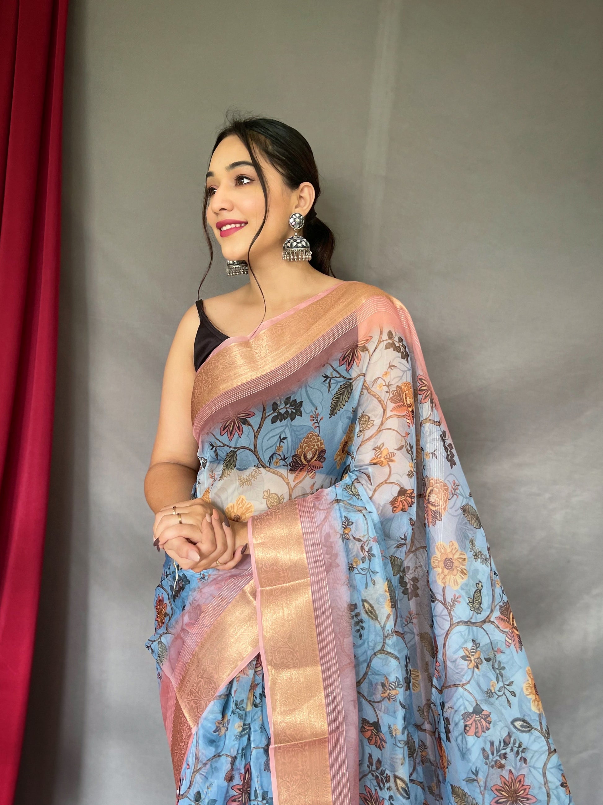 Buy MySilkLove Bombay Blue Organza Floral Printed with Sequins Jacquard Woven Saree Online