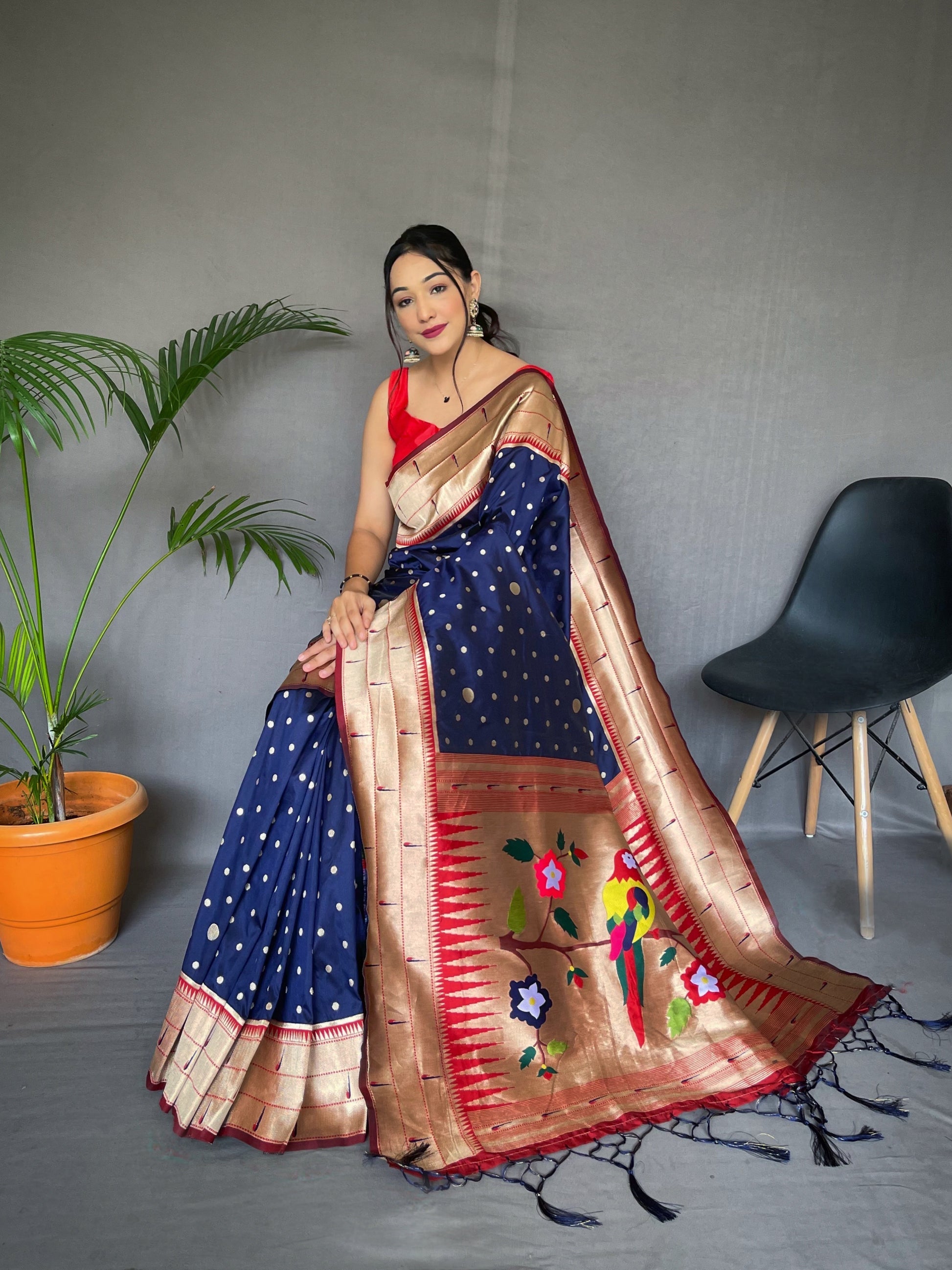 Buy MySilkLove Gun Powder Blue Polka Paithani Woven Silk Saree Online
