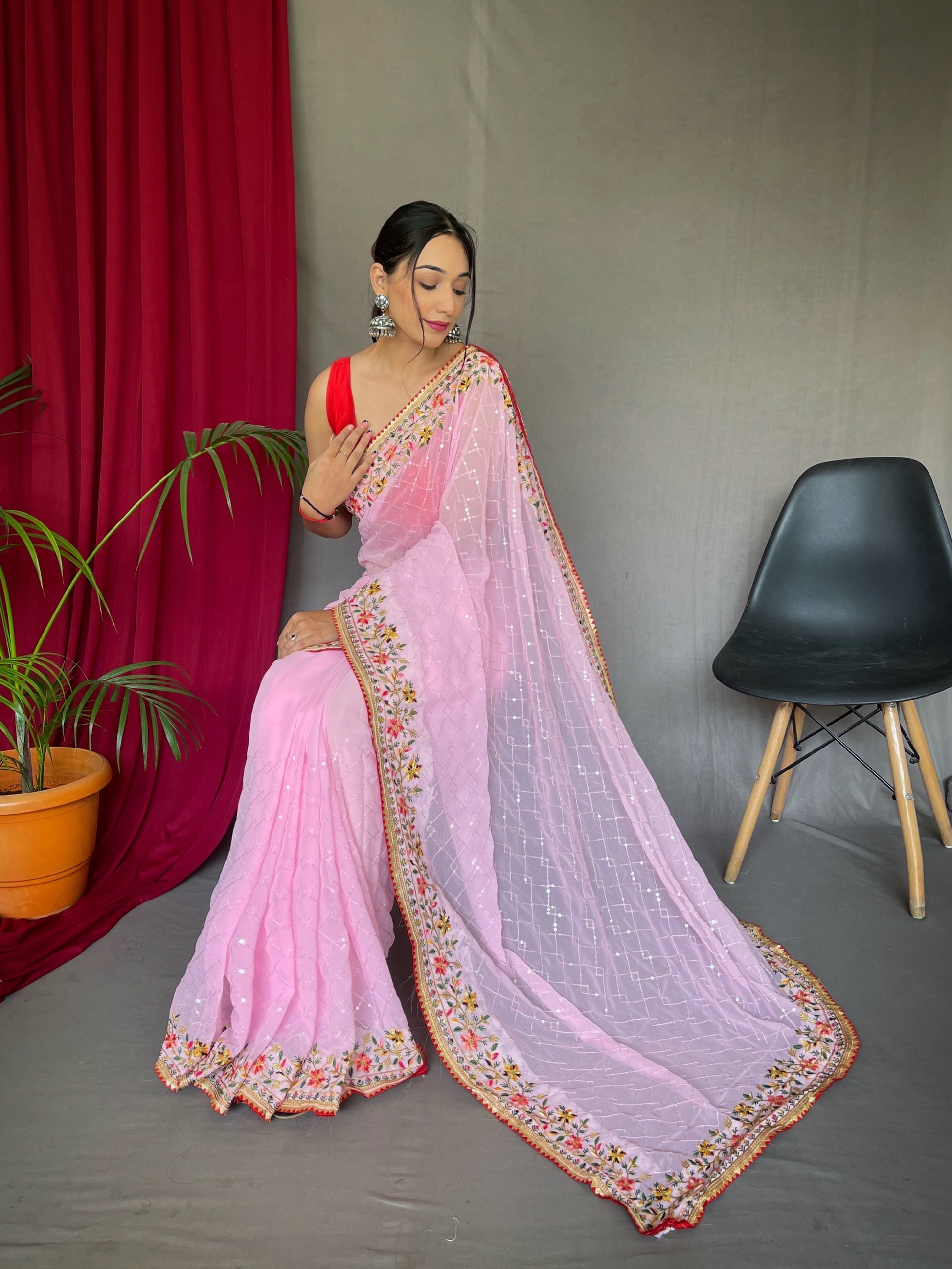 Buy MySilkLove Cupid Pink Georgette Sequins Designer Saree with Embroidered Border Online