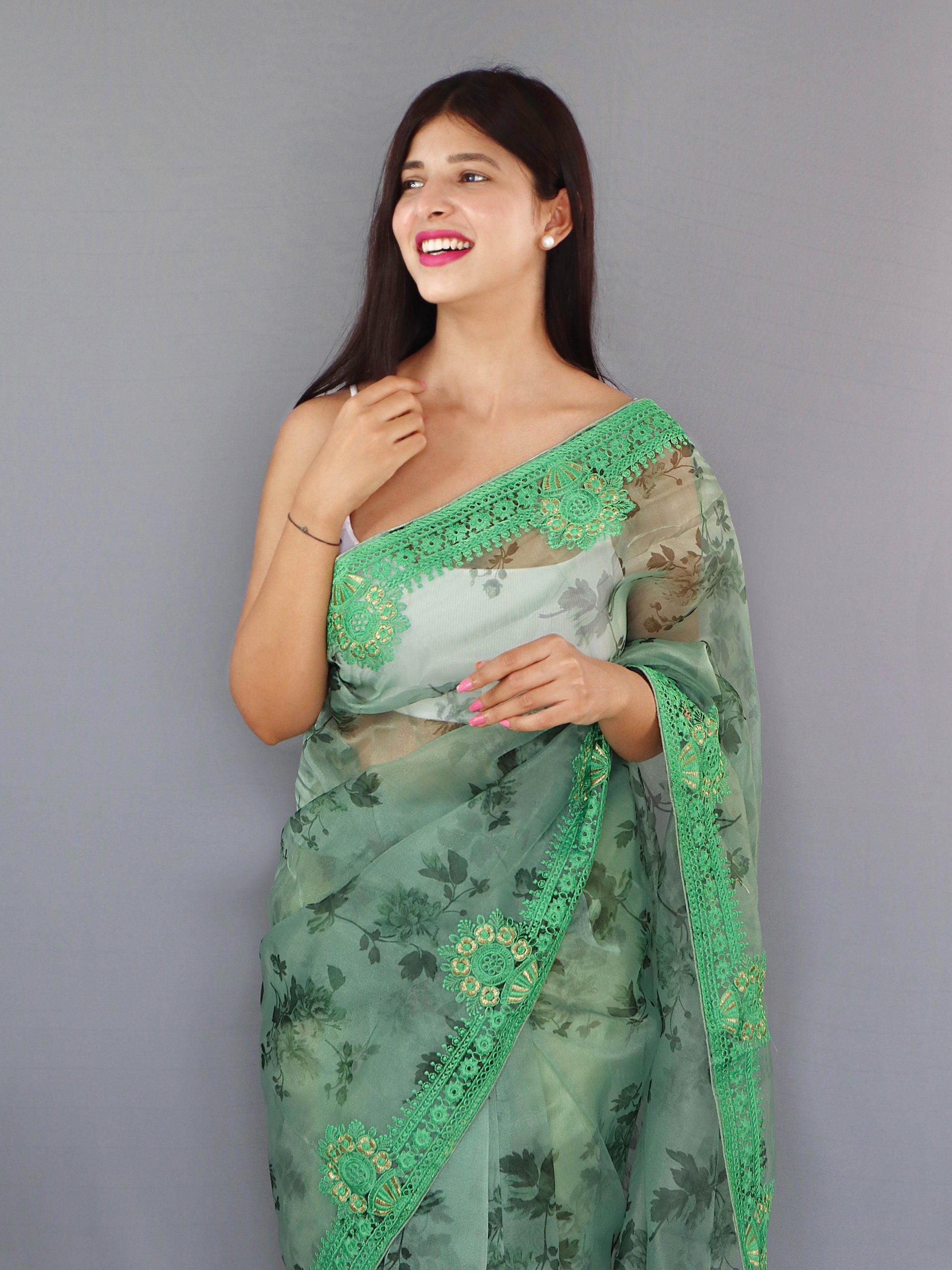 Buy MySilkLove Silver Tree Green Organza Digital Floral Printed Saree Online