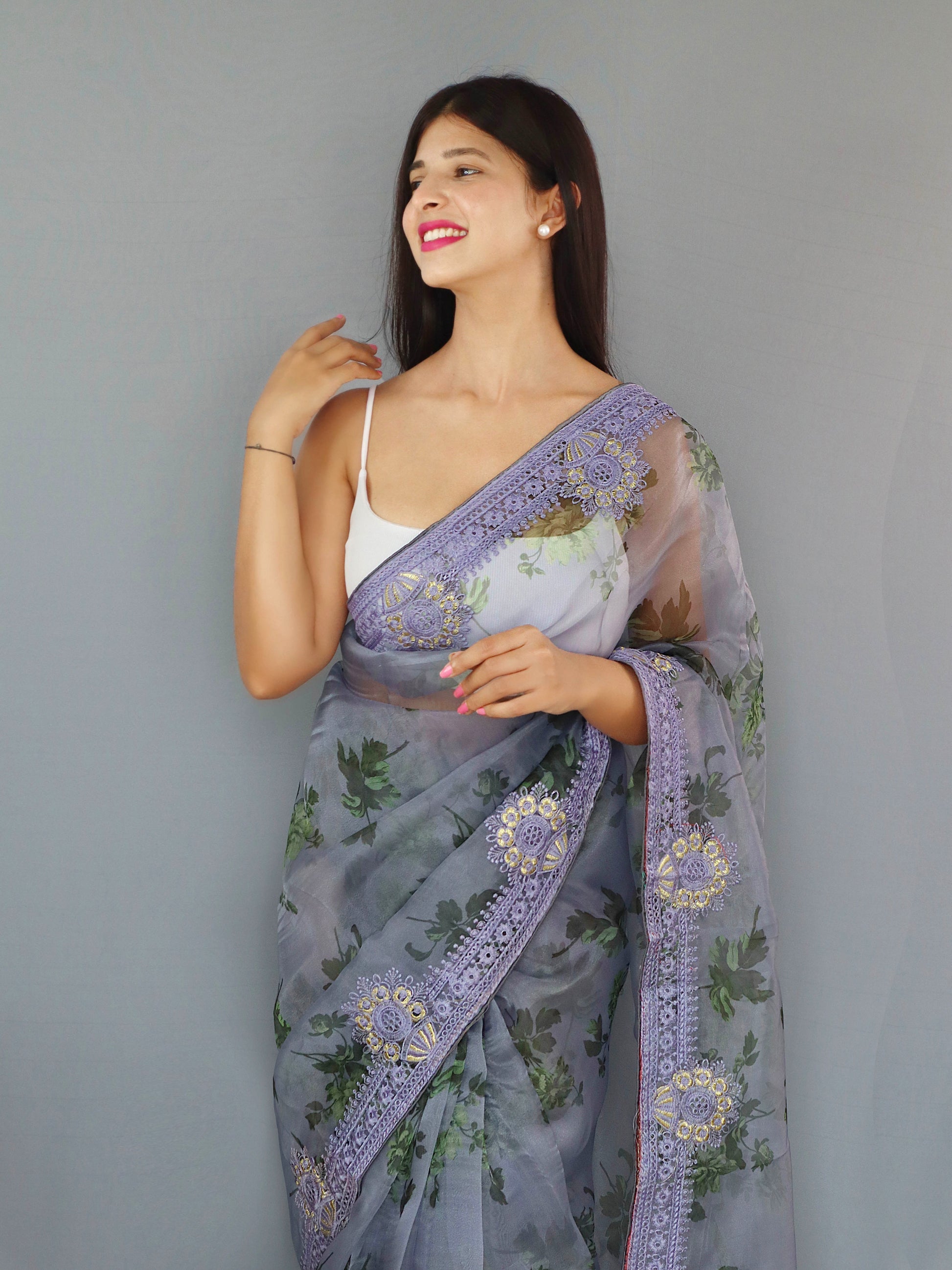 Buy MySilkLove Blueish Grey Organza Digital Floral Printed Saree Online