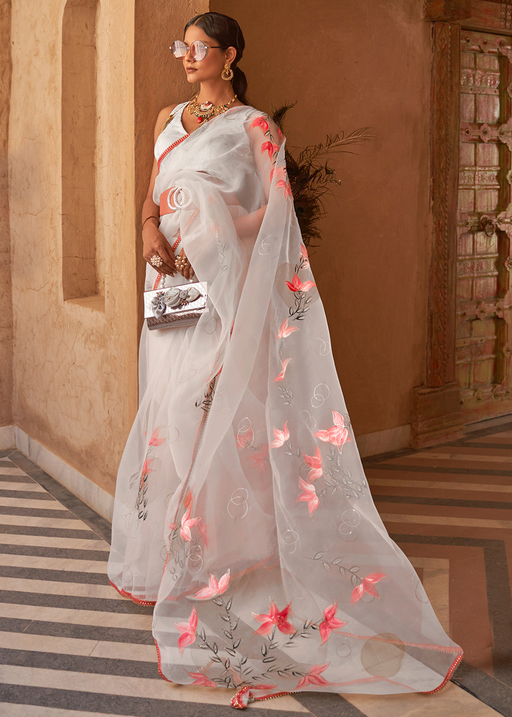 Buy MySilkLove Foggy Grey Digital Print Organza Saree Online