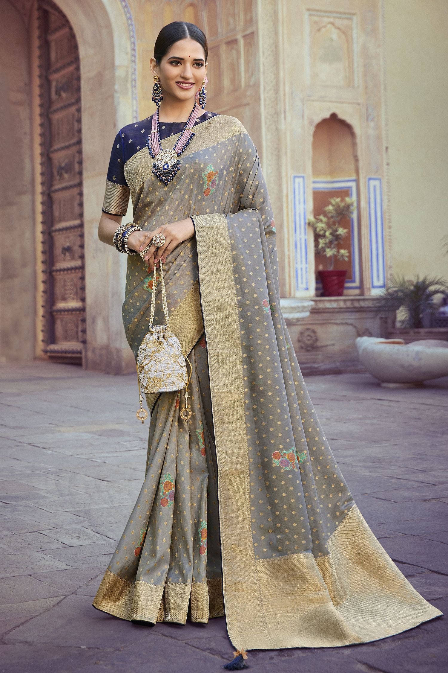 Buy MySilkLove Cloudy Grey Woven Designer Banarasi Silk Saree Online