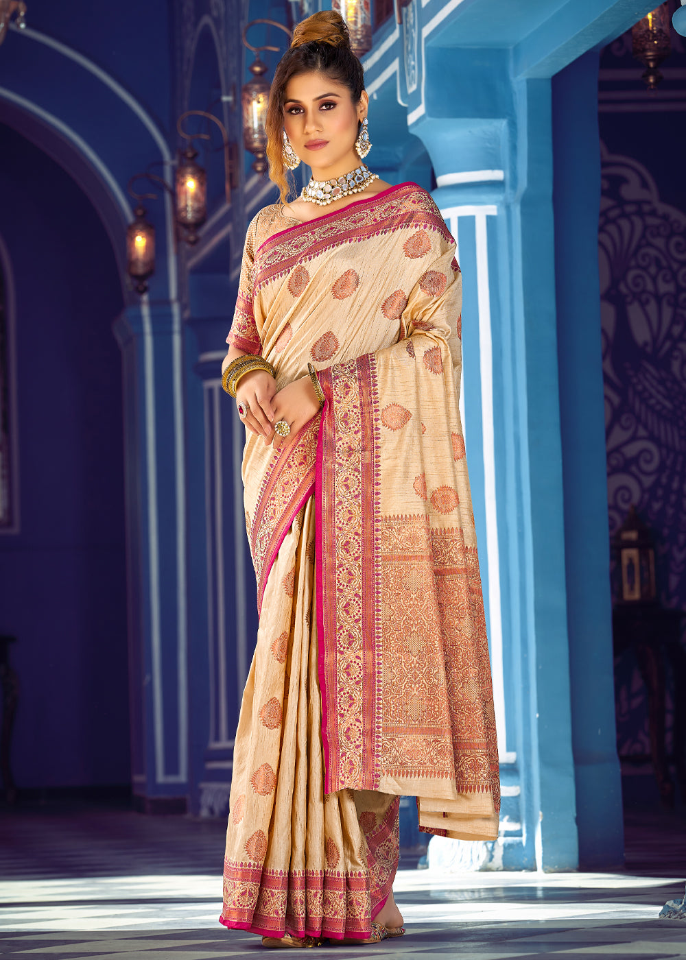 Buy MySilkLove Papaya Whip Cream Woven Banarasi Silk Saree Online