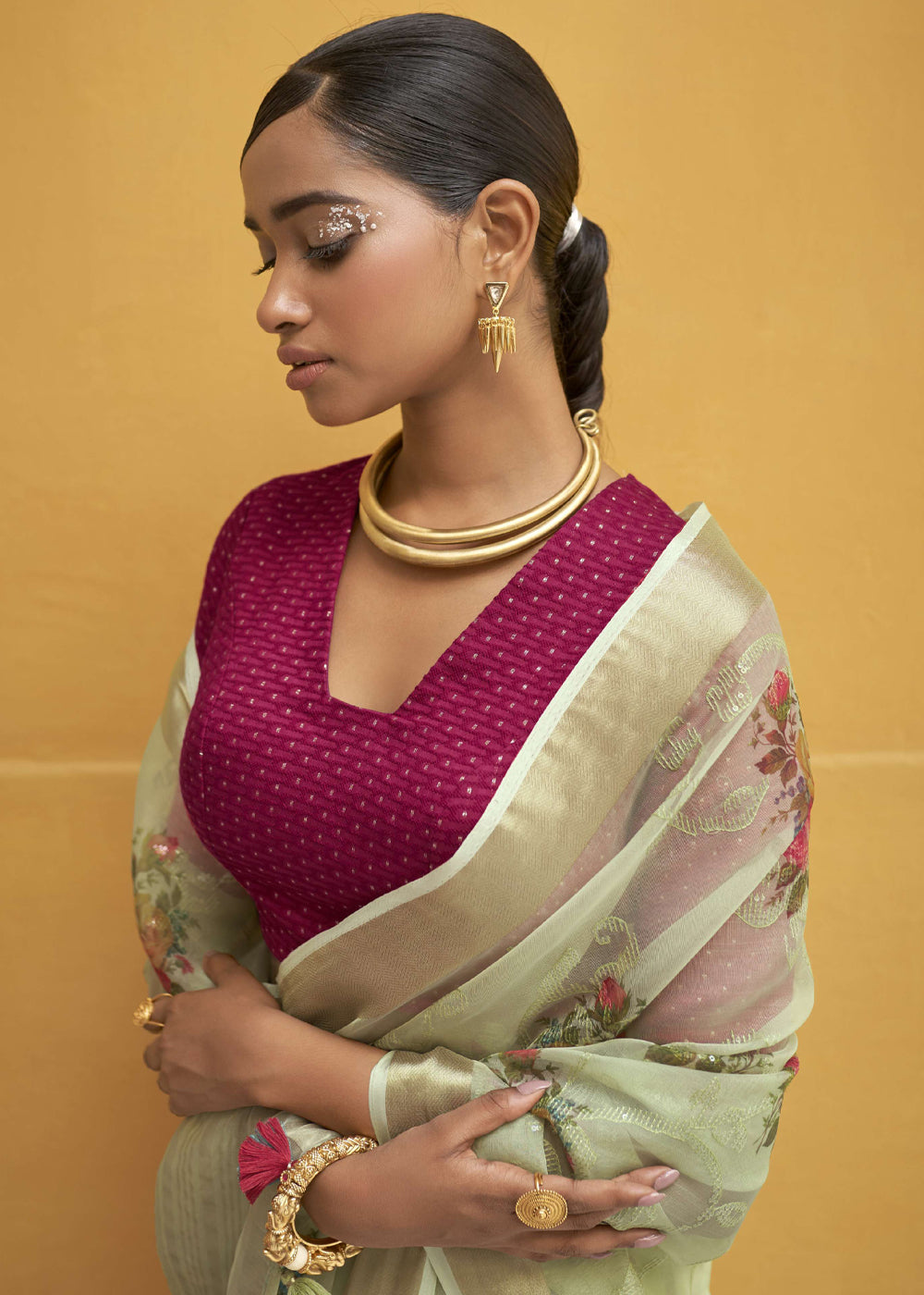 Buy MySilkLove Beryl Green Digital Print Organza Silk Saree Online