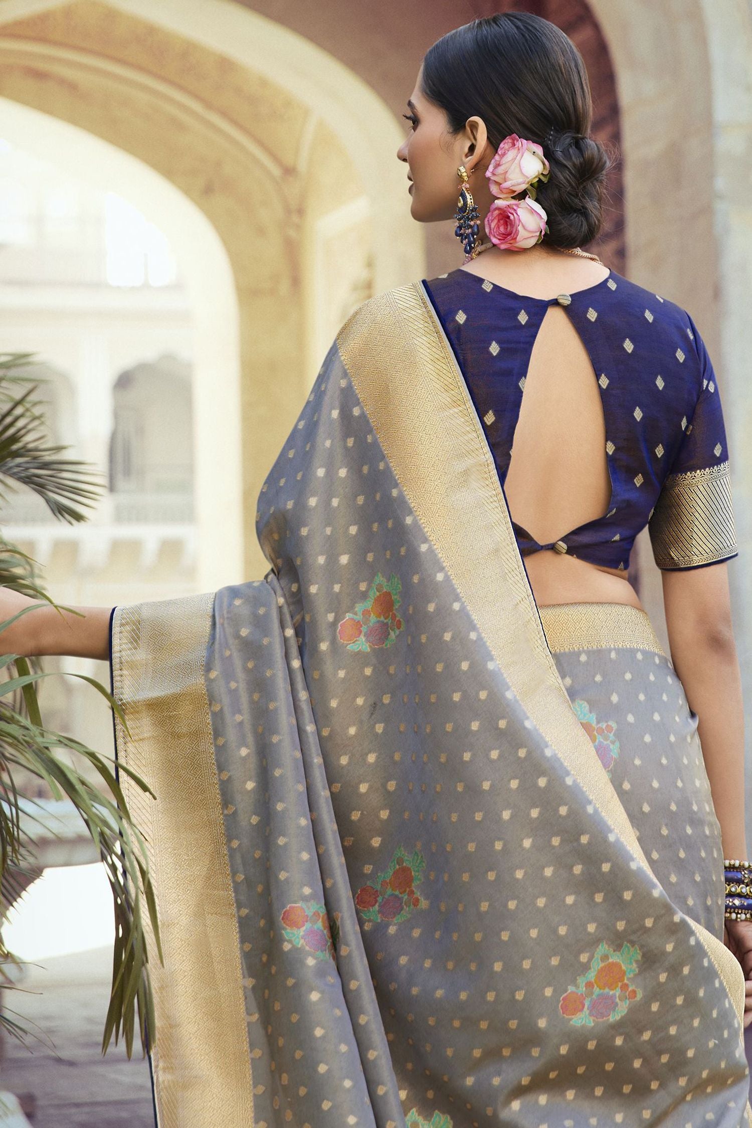 Buy MySilkLove Cloudy Grey Woven Designer Banarasi Silk Saree Online