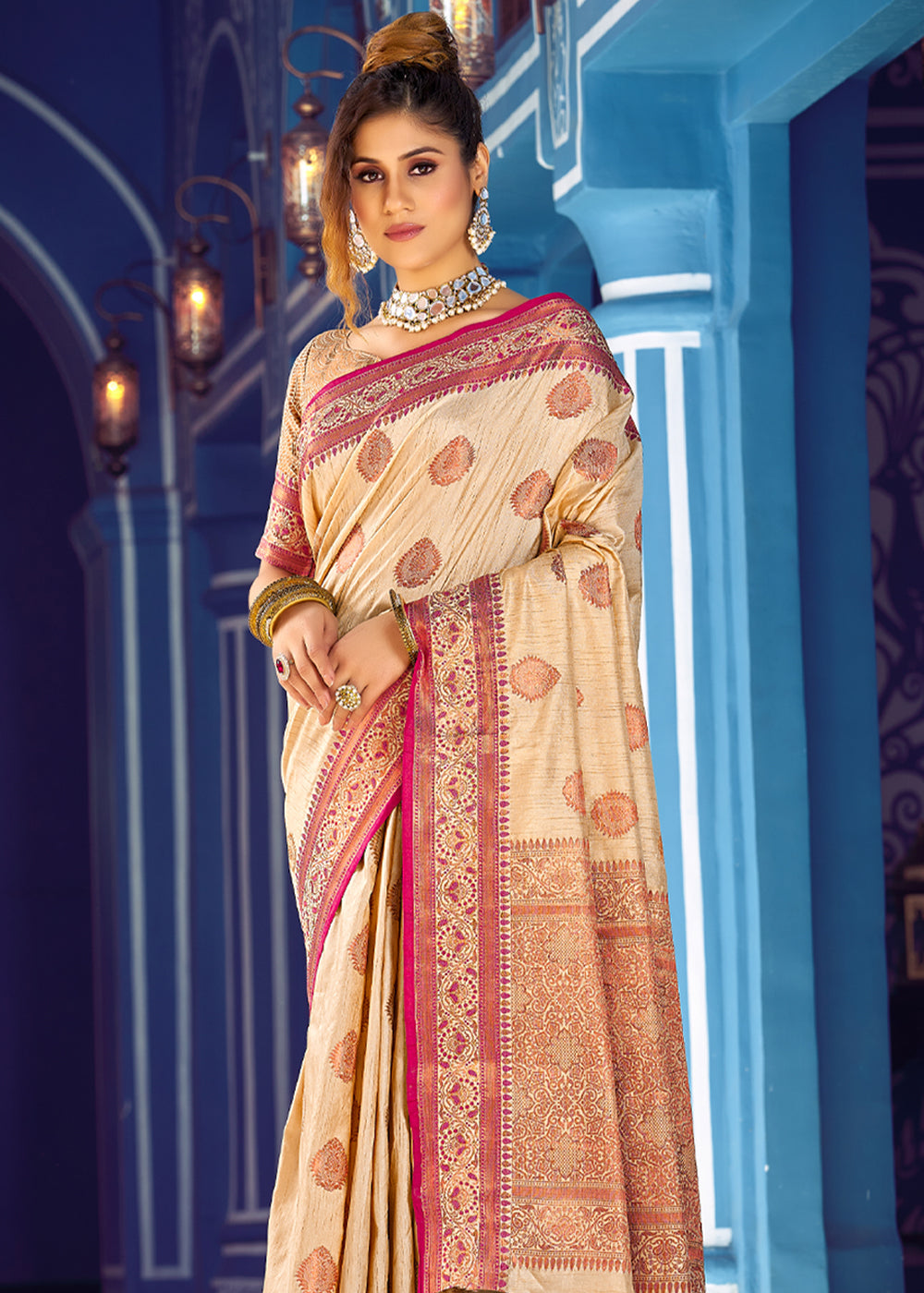 Buy MySilkLove Papaya Whip Cream Woven Banarasi Silk Saree Online