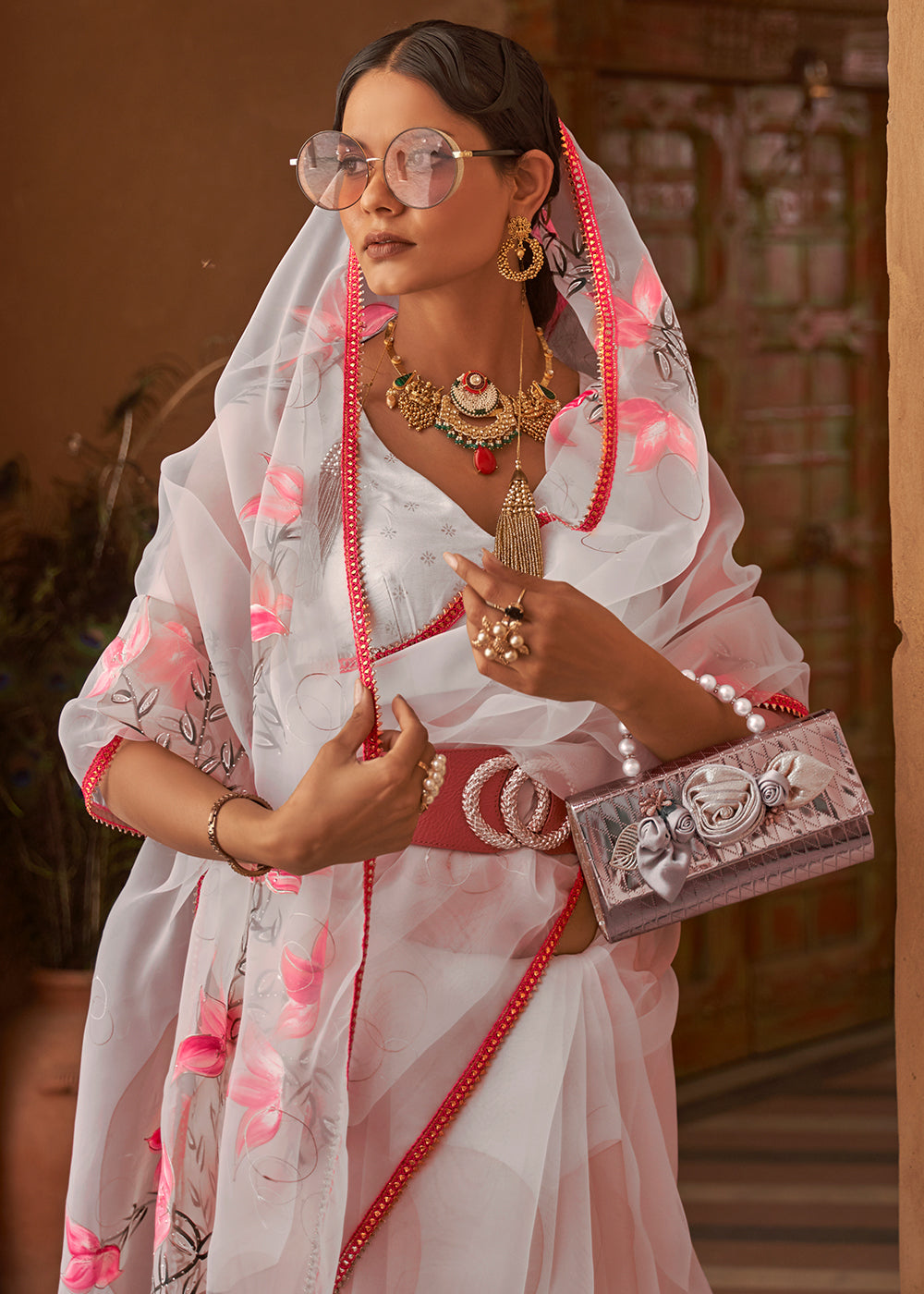 Buy MySilkLove Foggy Grey Digital Print Organza Saree Online