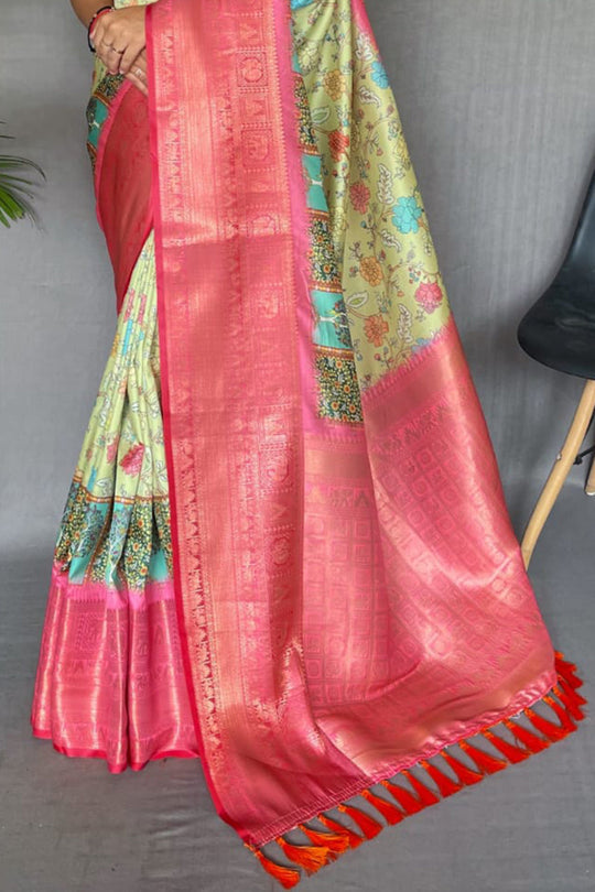 Buy MySilkLove Winter Hazel Green and Pink Kalamkari Saree Online