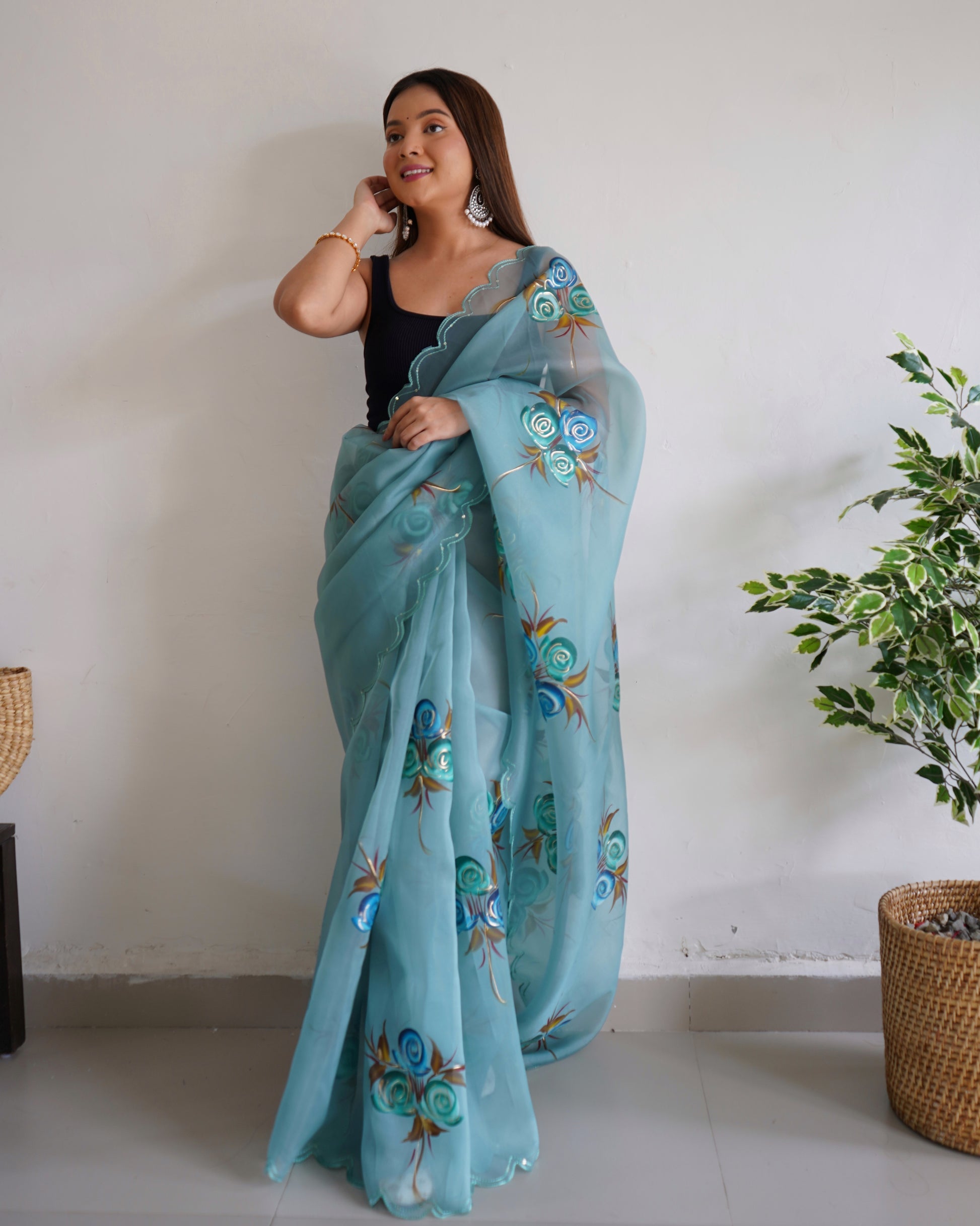 Buy MySilkLove Glacie Blue Organza Printed Floral Saree Online