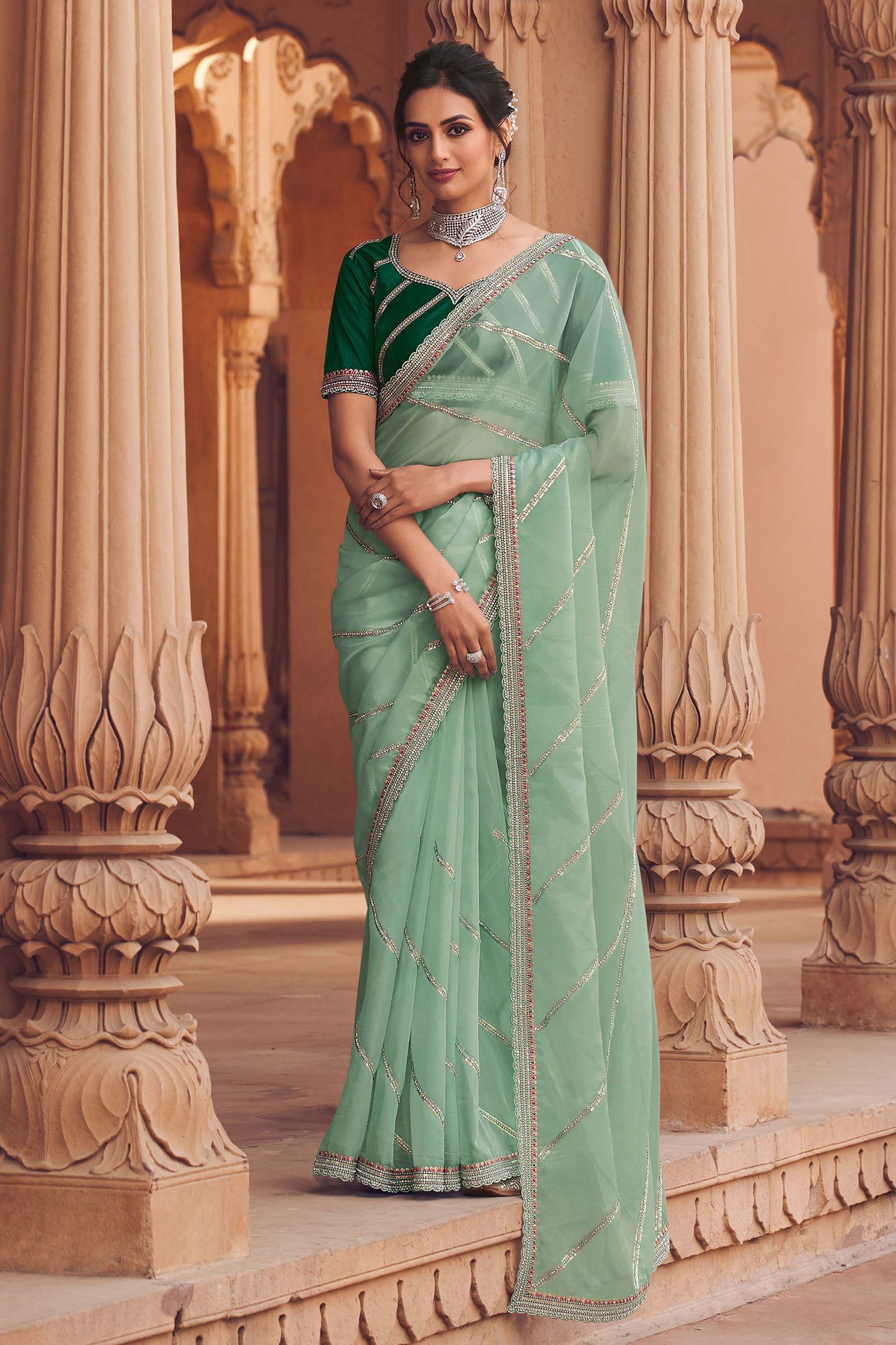 Buy MySilkLove Summer Green Organza Silk with Embroidered Designer Saree Online