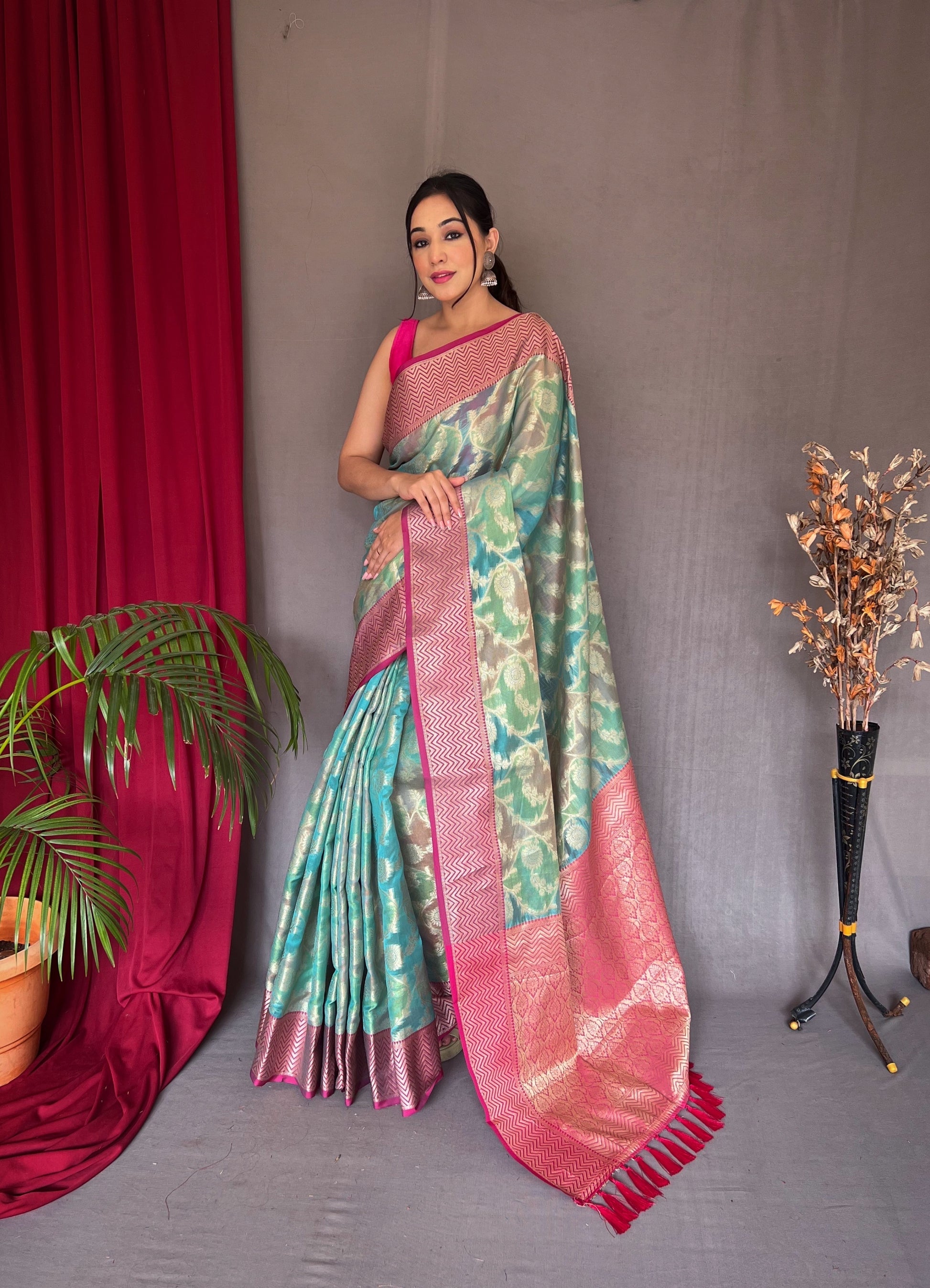 Buy MySilkLove Steel Teal Blue Woven Organza Silk Saree Online