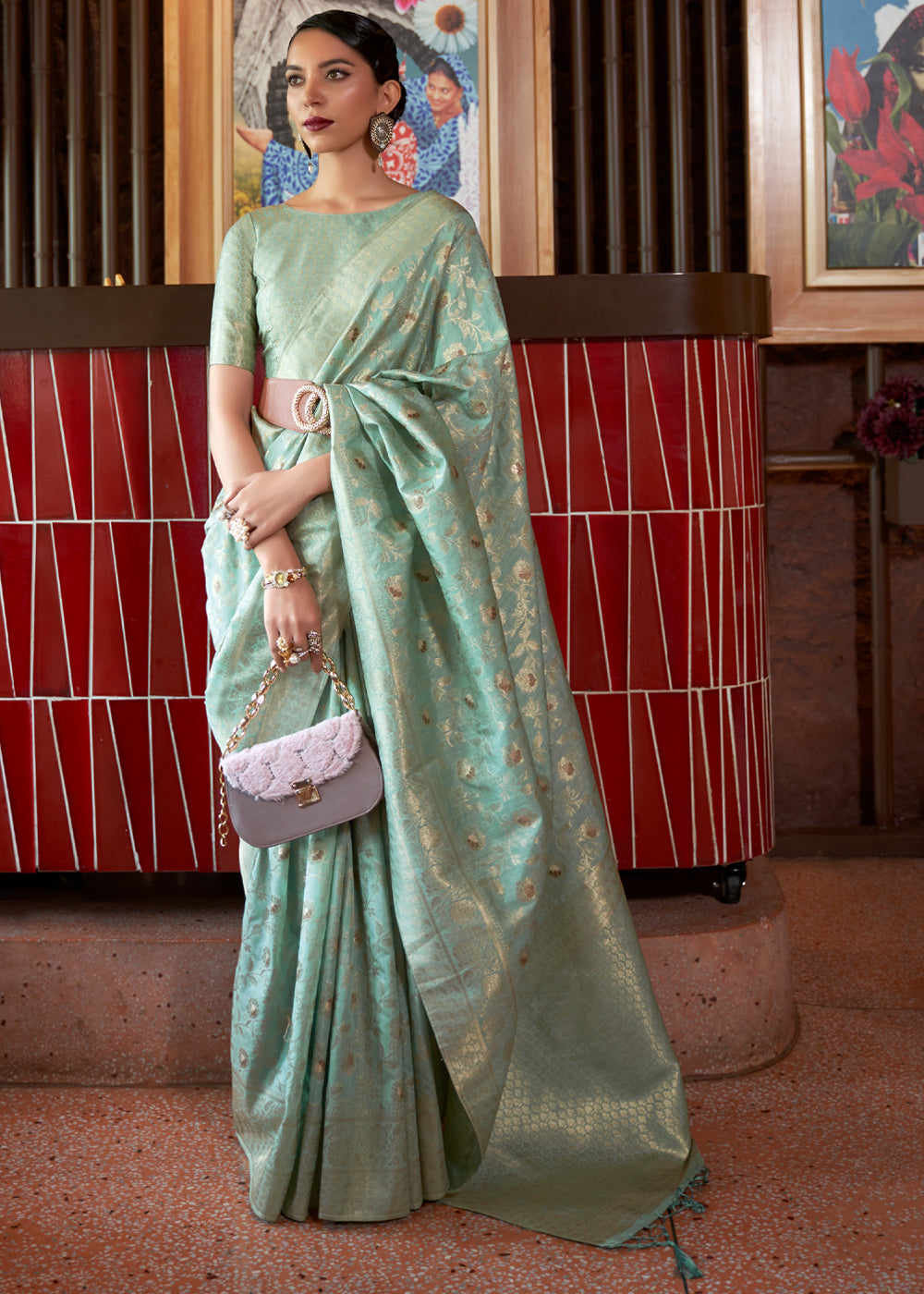 Buy MySilkLove Bay Leaf Green Tussar Woven Silk Saree Online
