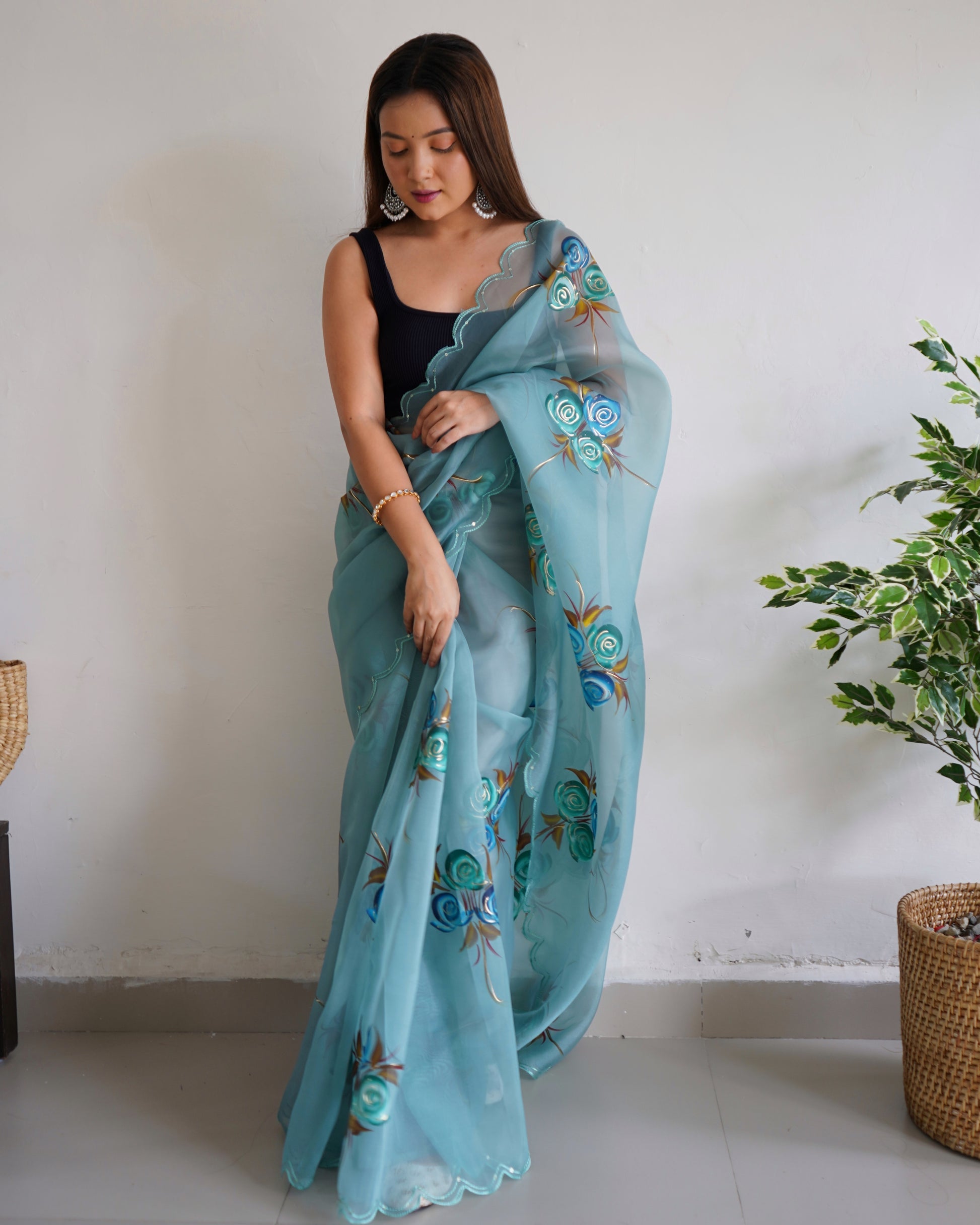Buy MySilkLove Glacie Blue Organza Printed Floral Saree Online