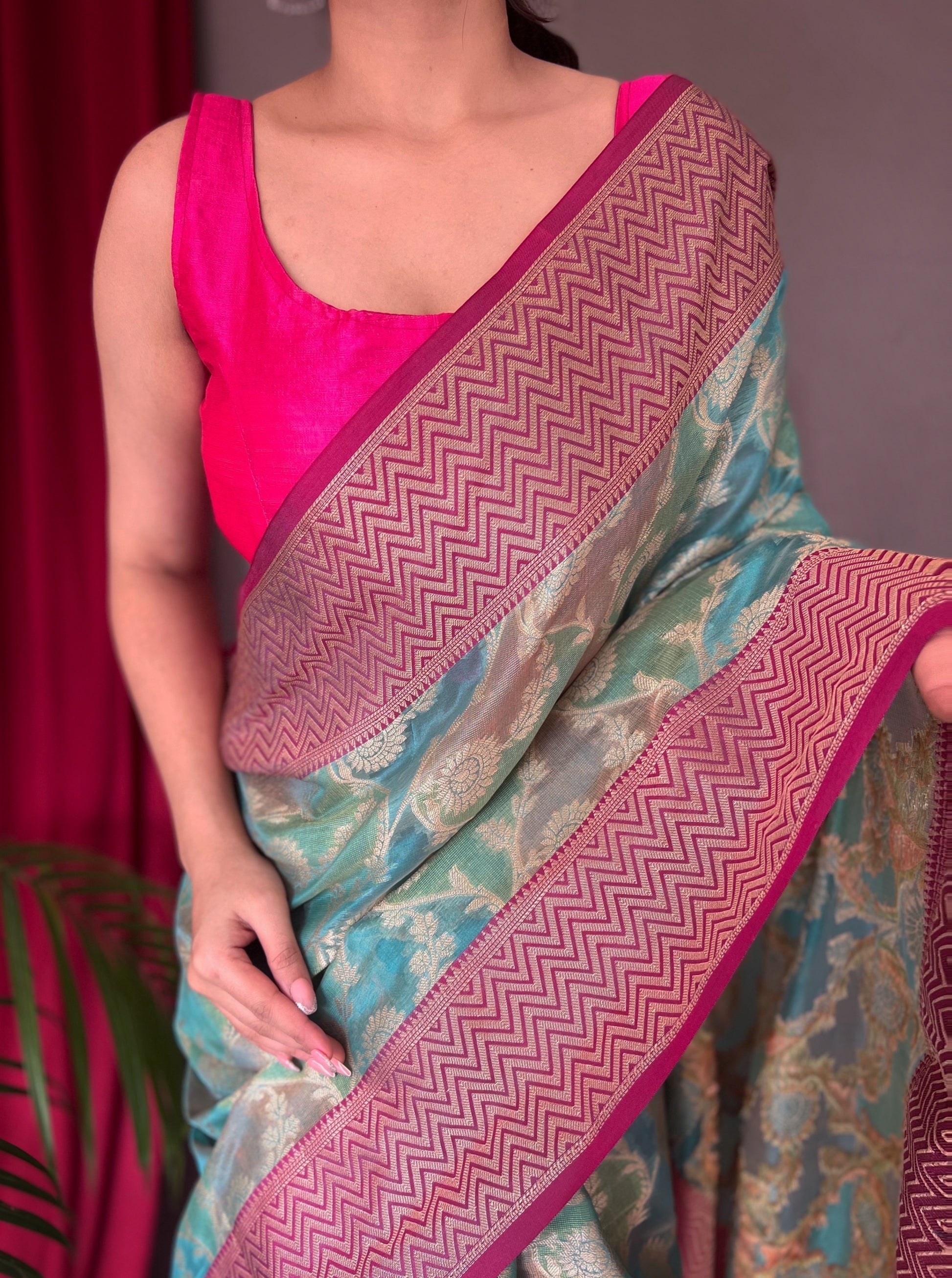 Buy MySilkLove Steel Teal Blue Woven Organza Silk Saree Online
