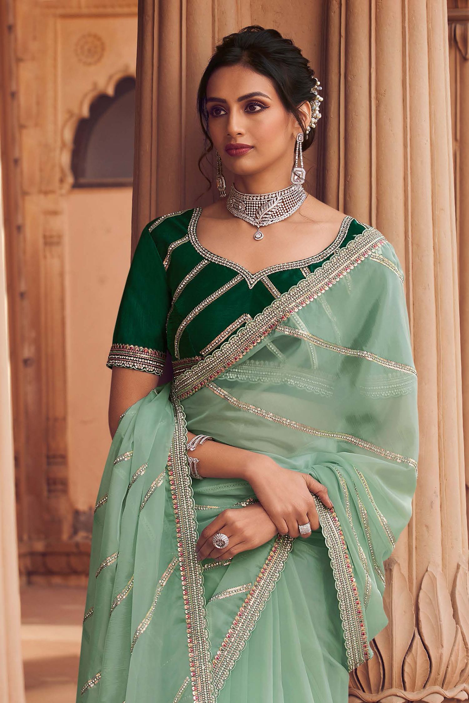 Buy MySilkLove Summer Green Organza Silk with Embroidered Designer Saree Online