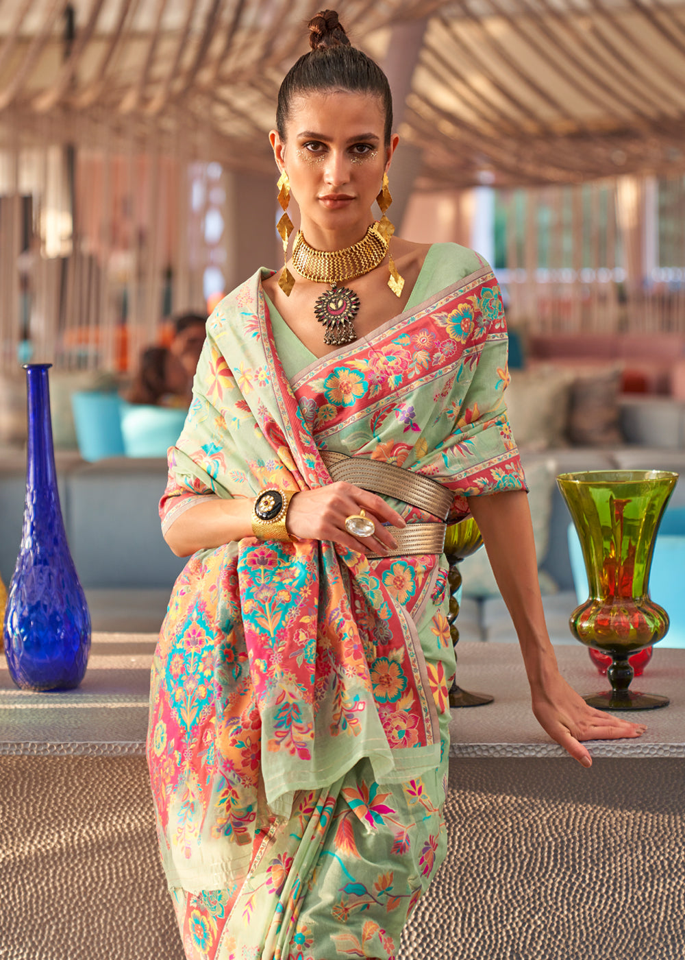 Buy MySilkLove Misty Moss Green Jamewar Kashmiri Cotton Silk Saree Online