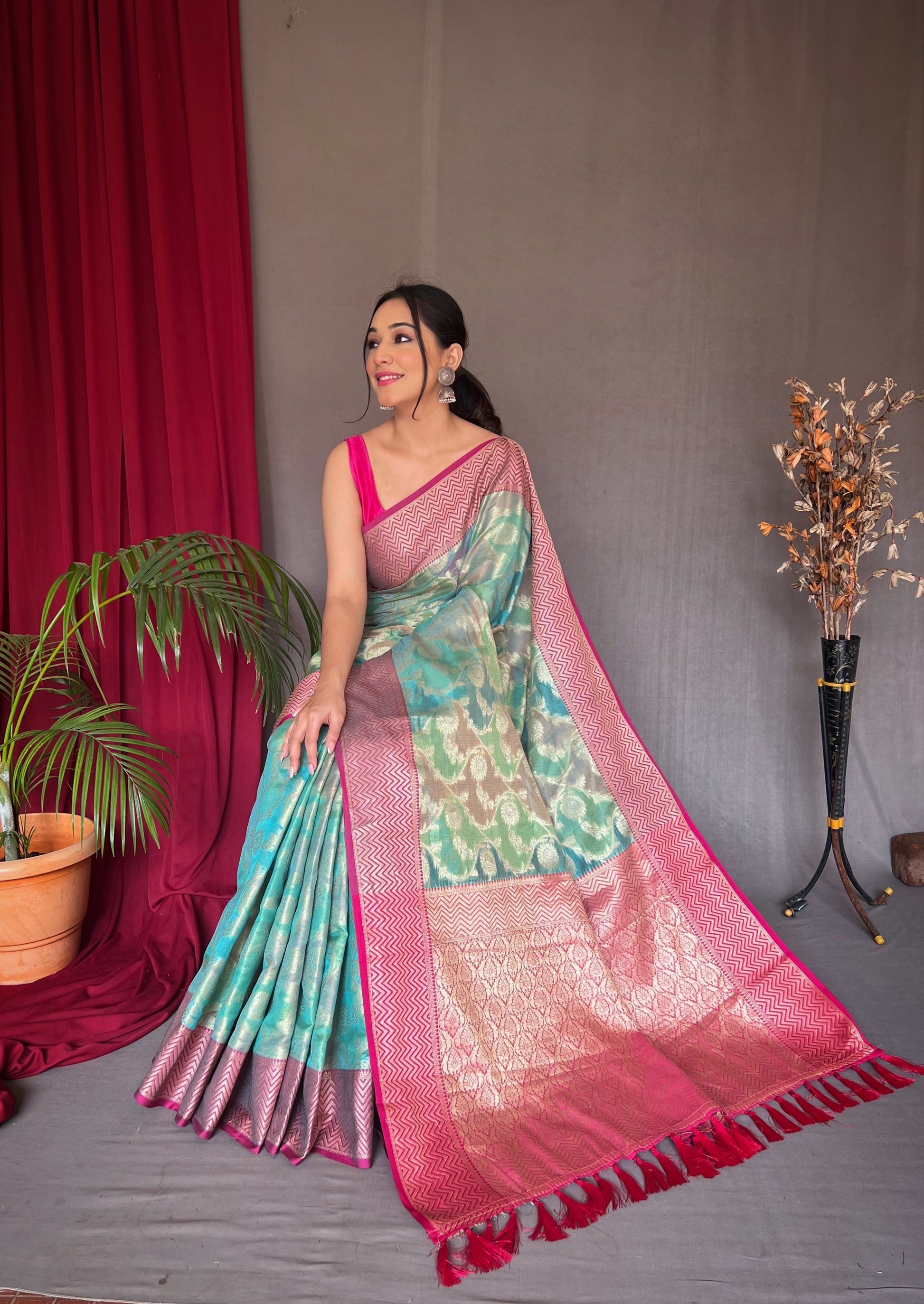 Buy MySilkLove Steel Teal Blue Woven Organza Silk Saree Online