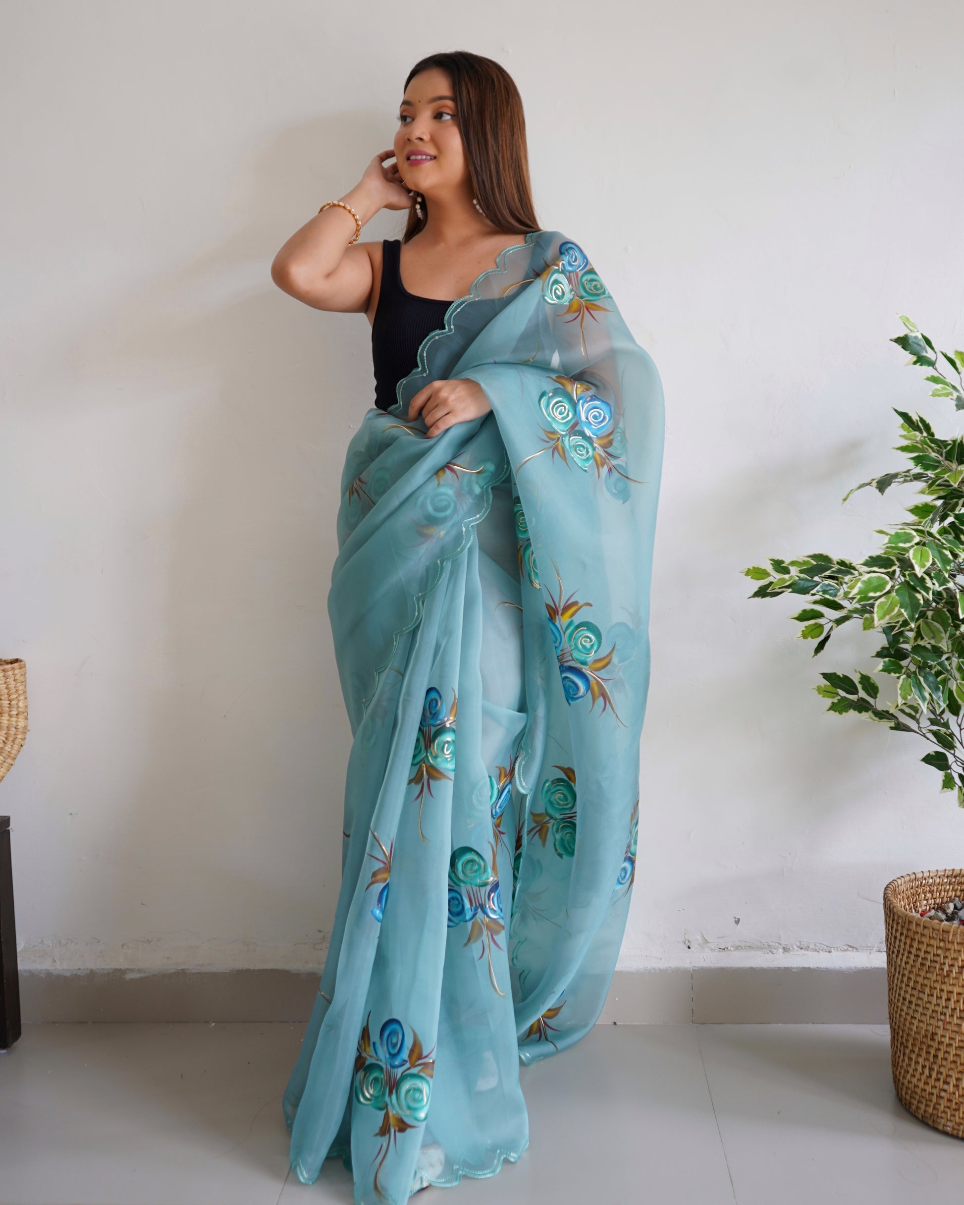 Buy MySilkLove Glacie Blue Organza Printed Floral Saree Online