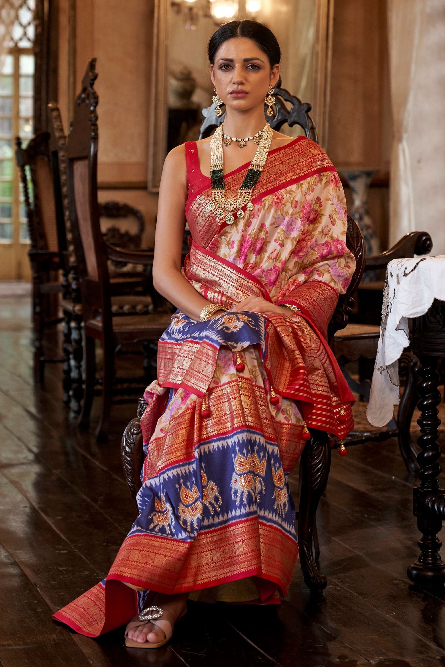Buy MySilkLove Brandy Cream and Pink Printed Patola Silk Saree Online