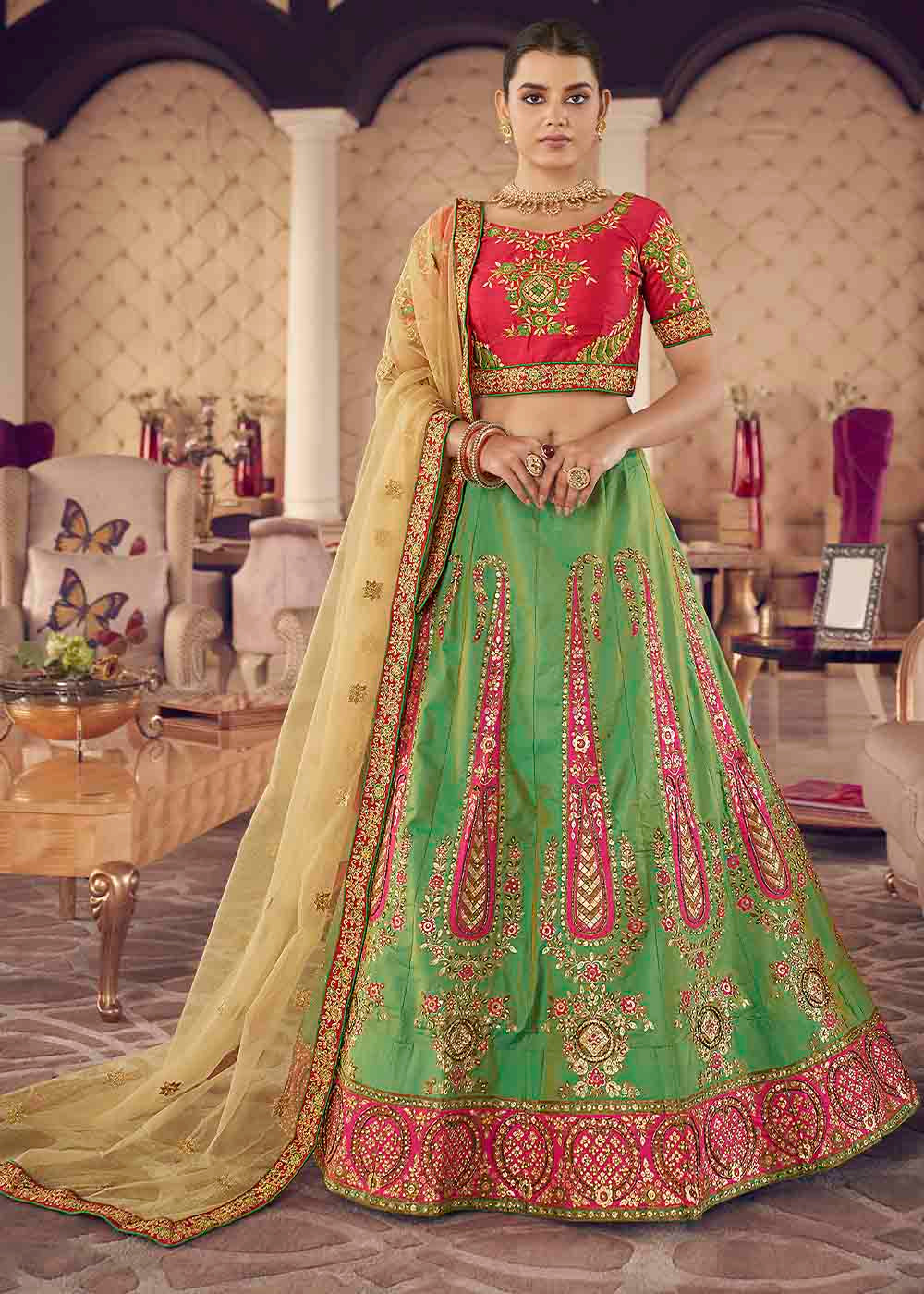 Buy MySilkLove Asparagus Green Silk Lehenga Choli Online