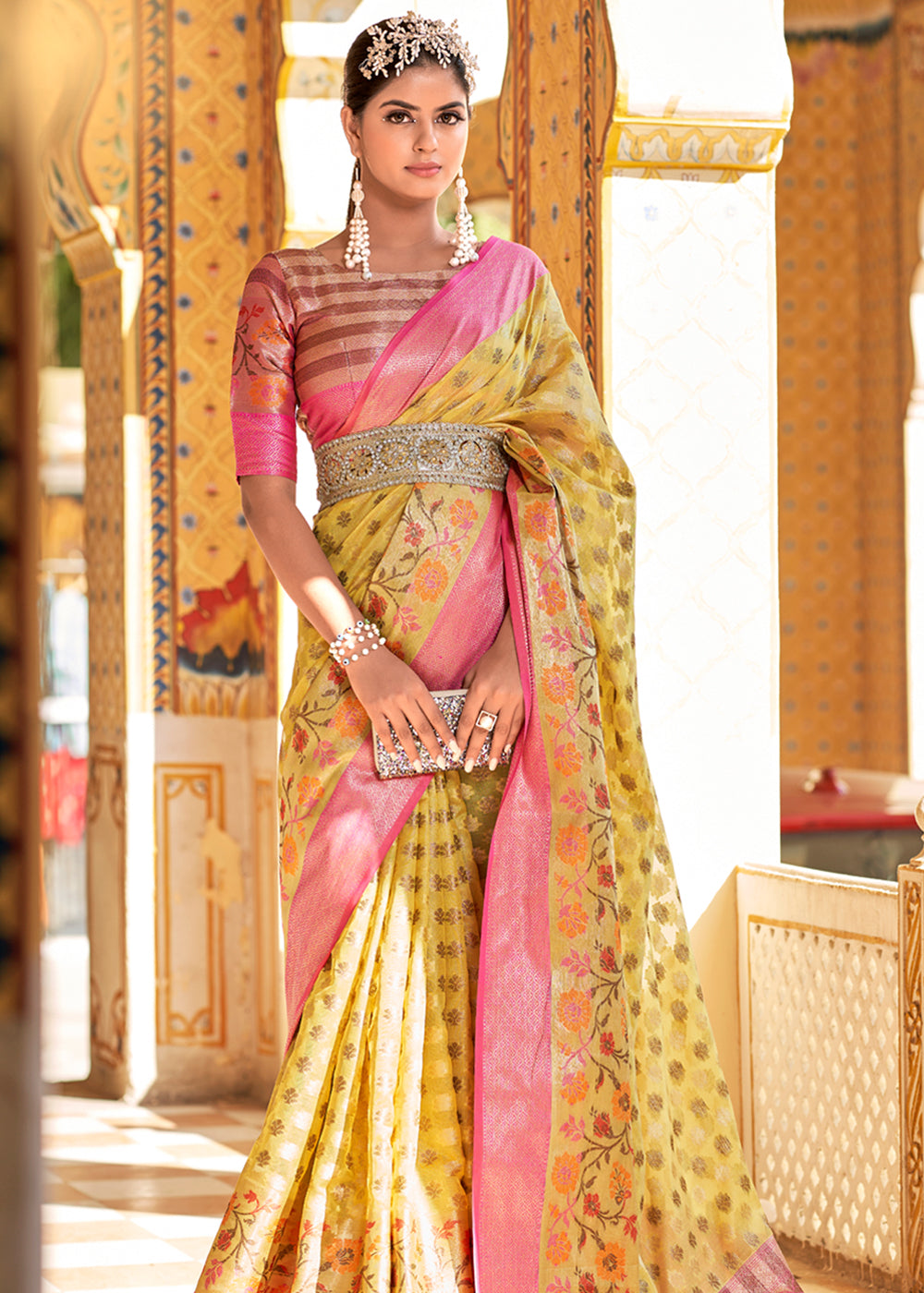 Buy MySilkLove Equator Yellow and Pink Banarasi Tissue Woven Silk Saree Online