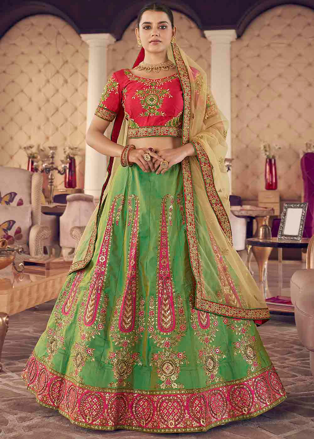 Buy MySilkLove Asparagus Green Silk Lehenga Choli Online