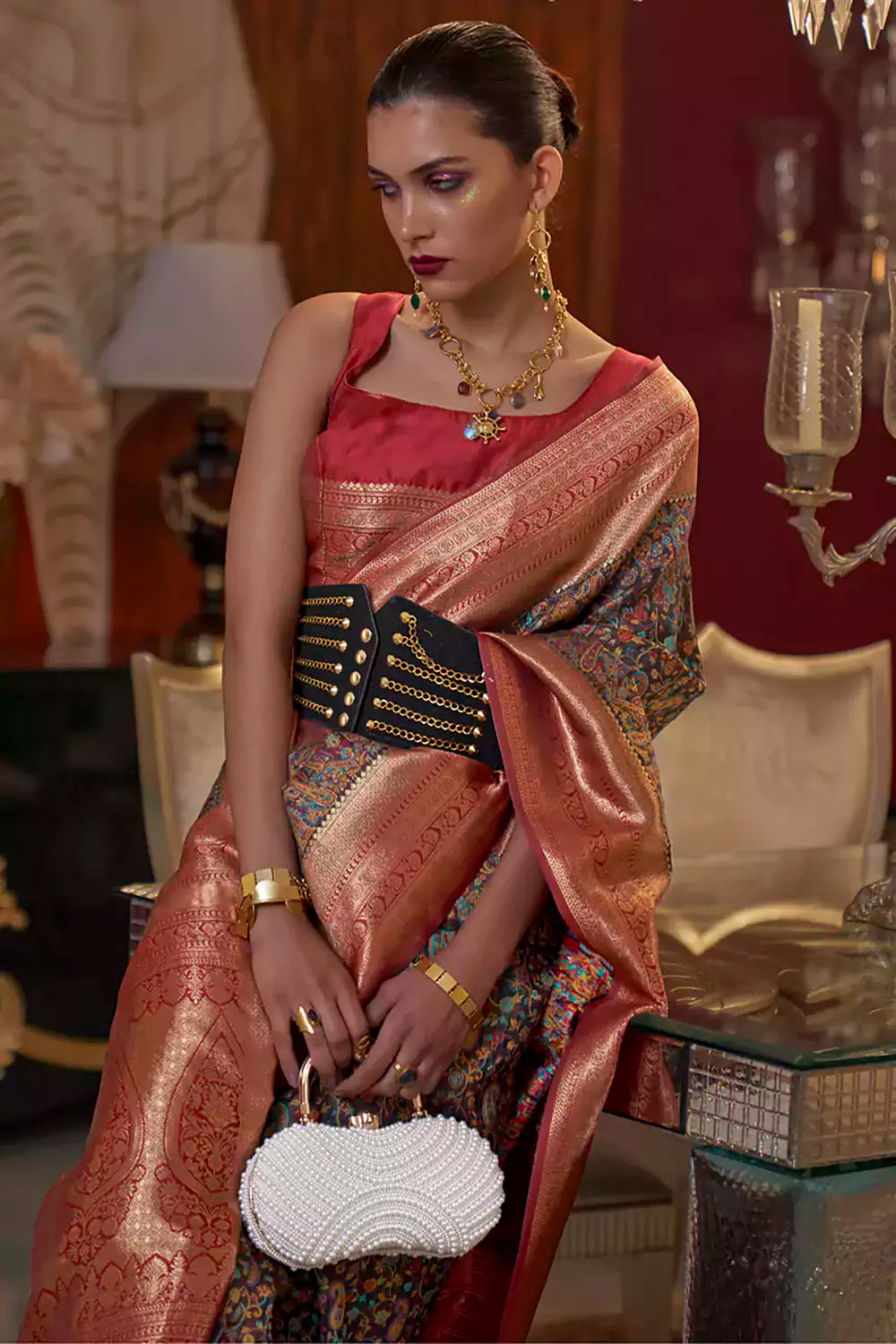Buy MySilkLove Tuna Black Kashmiri Jamewar Silk Saree Online