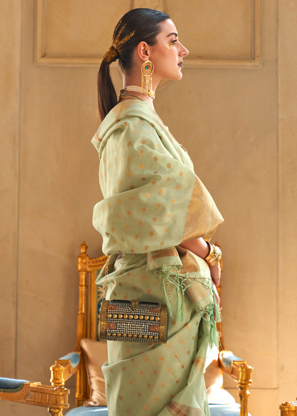 Buy MySilkLove Winter Hazel Green Banarasi Woven Tissue Silk Saree Online