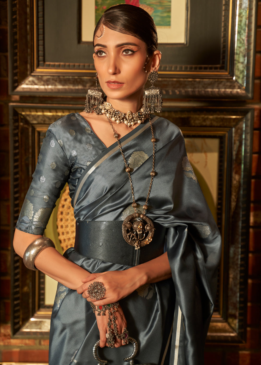 Buy MySilkLove Star Dust Grey Woven Banarasi Satin Silk Saree Online