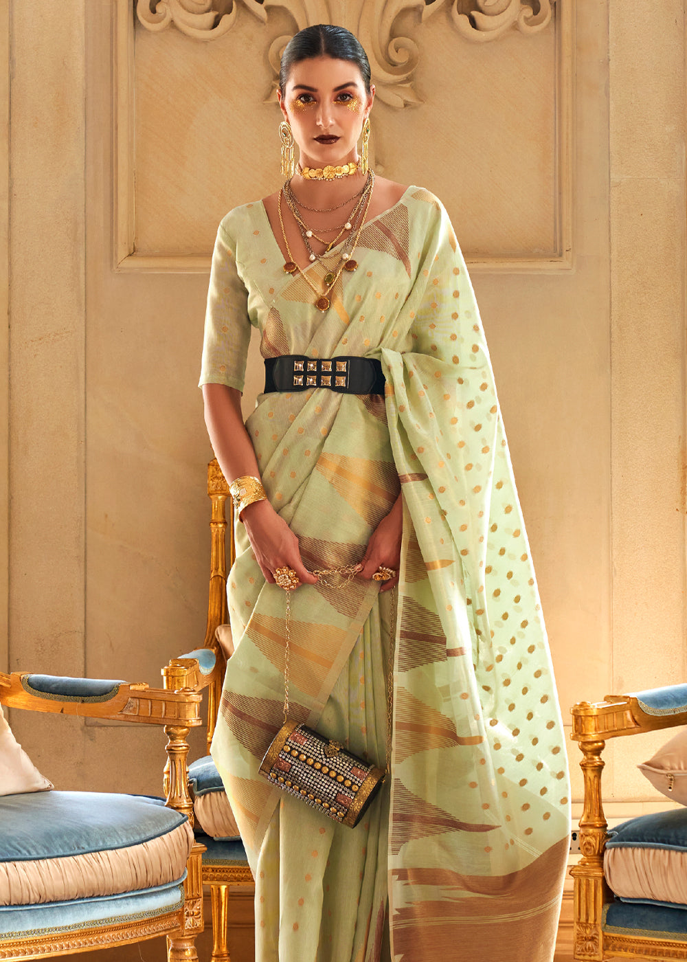 Buy MySilkLove Winter Hazel Green Banarasi Woven Tissue Silk Saree Online